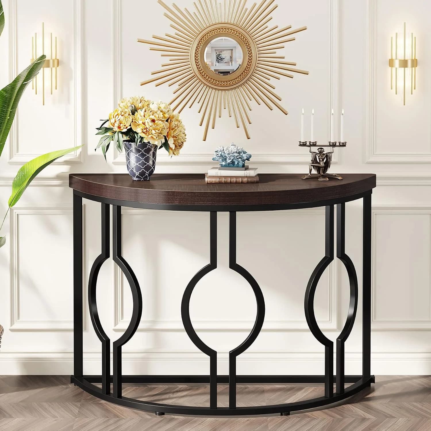 Tribesigns Half Moon Console Table for Entryway, 43 Inch Industrial Semi Circle Sofa Table with Geometric Base, Wood Acc