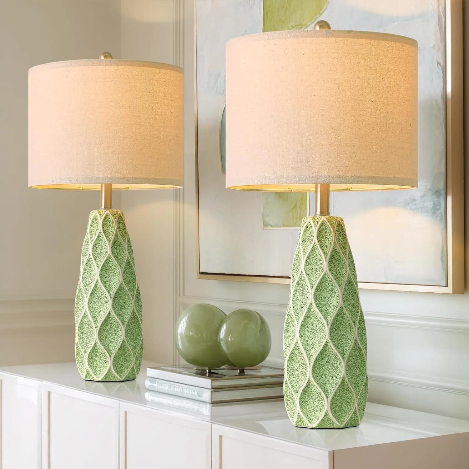 Ceramic Table Lamps Set of 2, 27.5" Green Lamps for Bedroom Living Room
