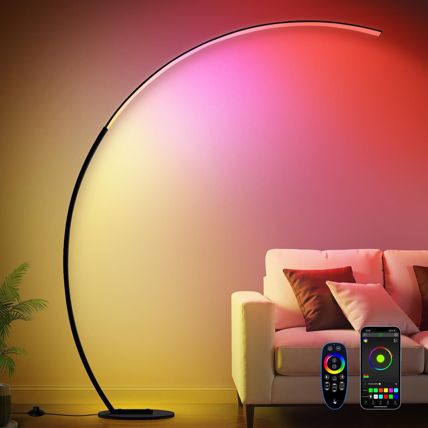 RGB Dimmable Arc Floor Lamps with 3 Color Temperatures, Ultra Bright 1800LM LED Floor Lamps for Living Room, Modern Stan