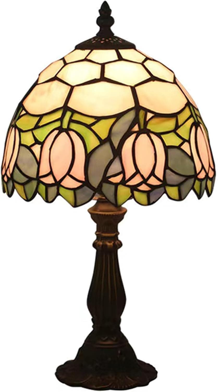 Tiffany Style Table Lamp, Pink Tulip Stained Glass Lamp, 8 Inch Small Antique Lamp, for Bedside Nightstand Bedroom Livin