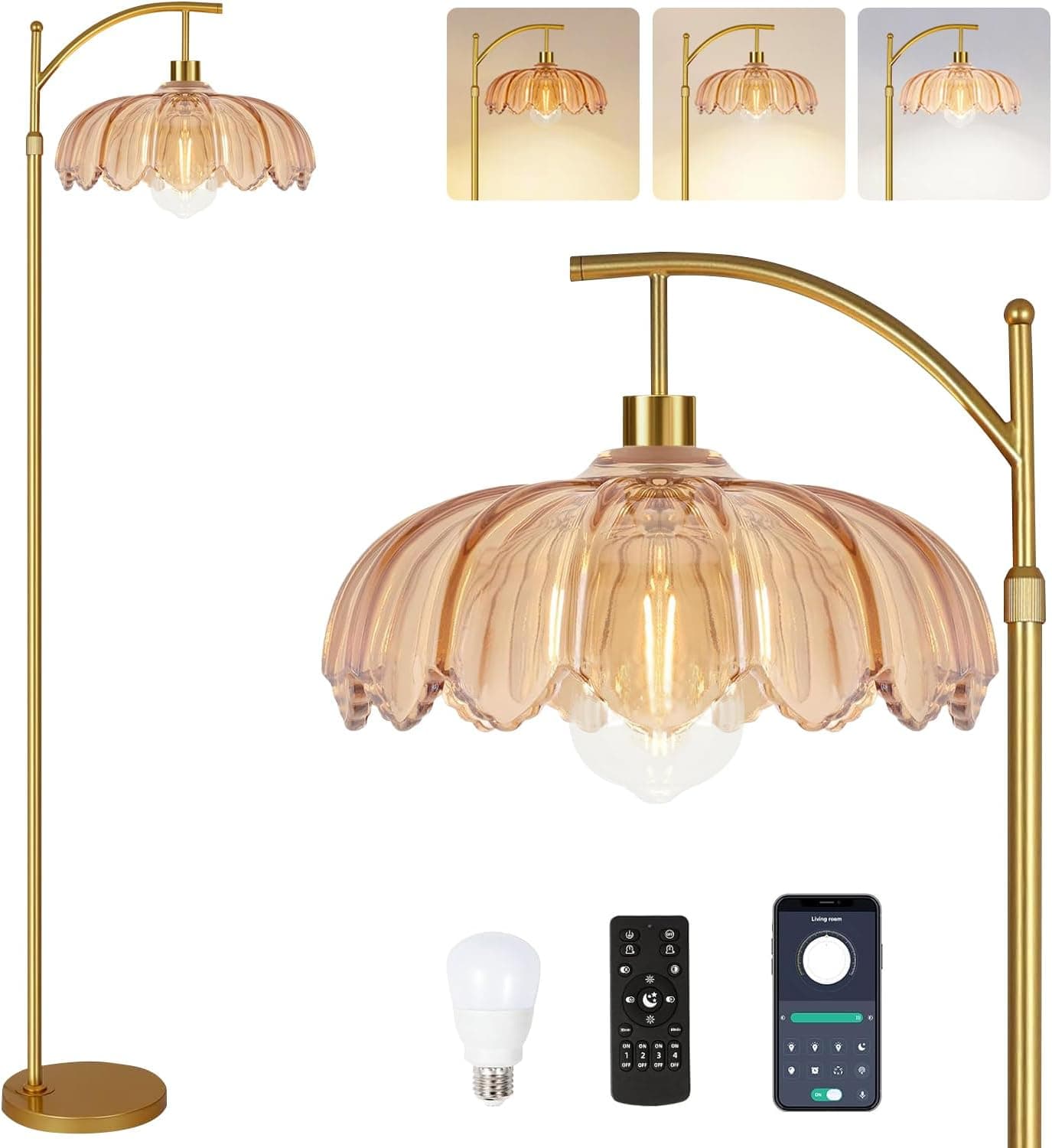 QIYIZM Glass Floor Lamp for Living Room,Bedroom,Gold Dimmable Standing Lamp with Remote,Mid Century Modern Brass Tall La