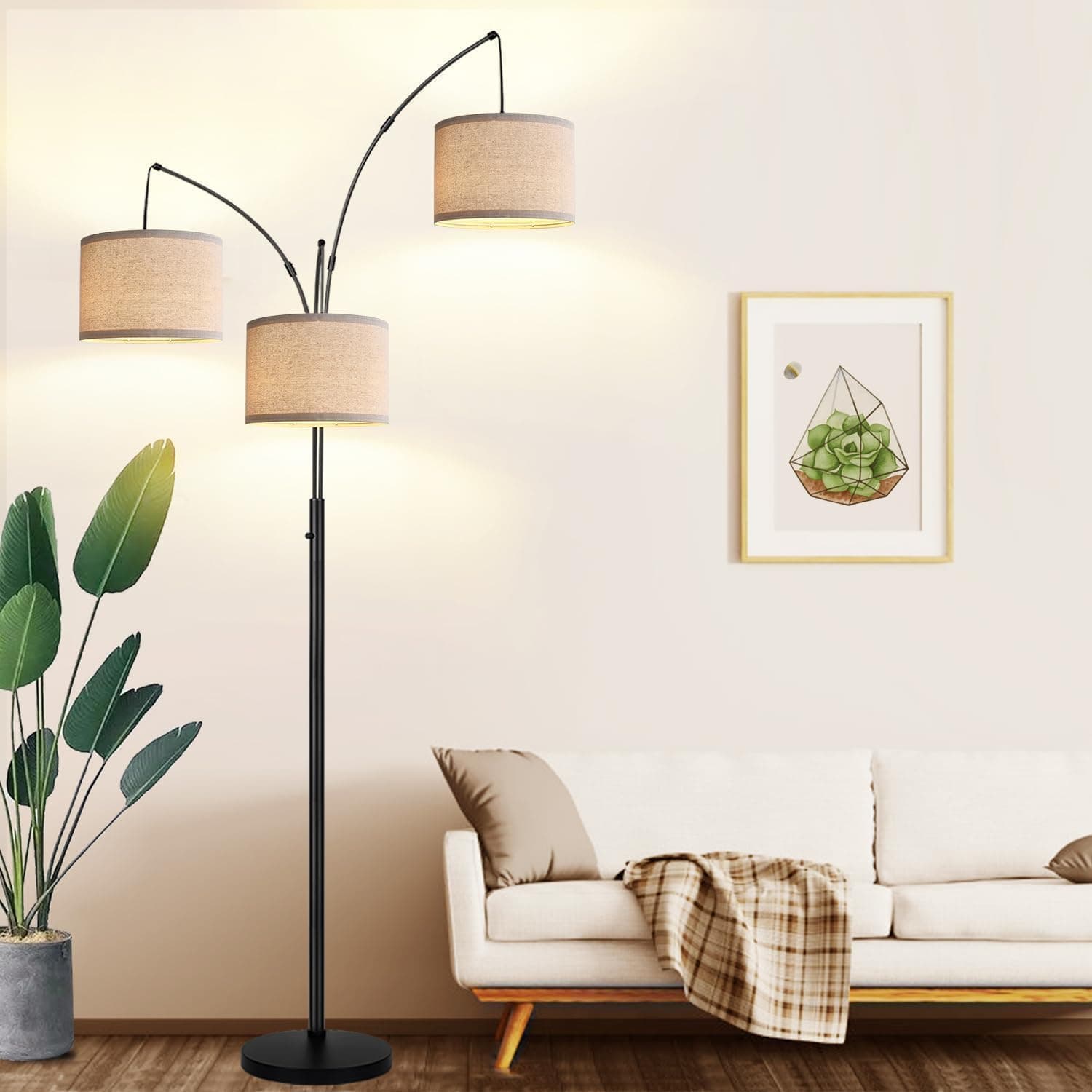 Dimmable 3 Lights Floor Lamp - 3000LM Super Bright Arc Floor Lamps for Living Room, Modern Tall Standing Lamp With Beige