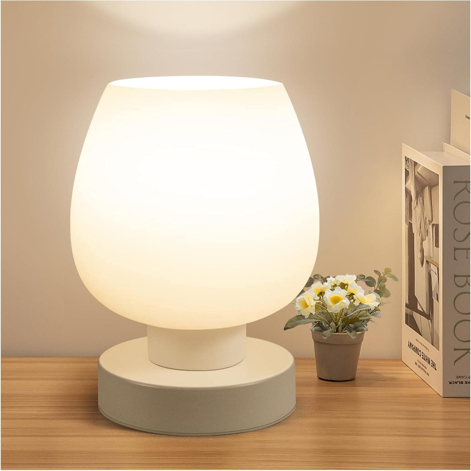 ONEWISH Small Bedside Lamp for Bedroom, 3-Way Dimmable Touch Control, 600 Lumen Bright Opal Glass Shade, 7.5 Inch Ultra