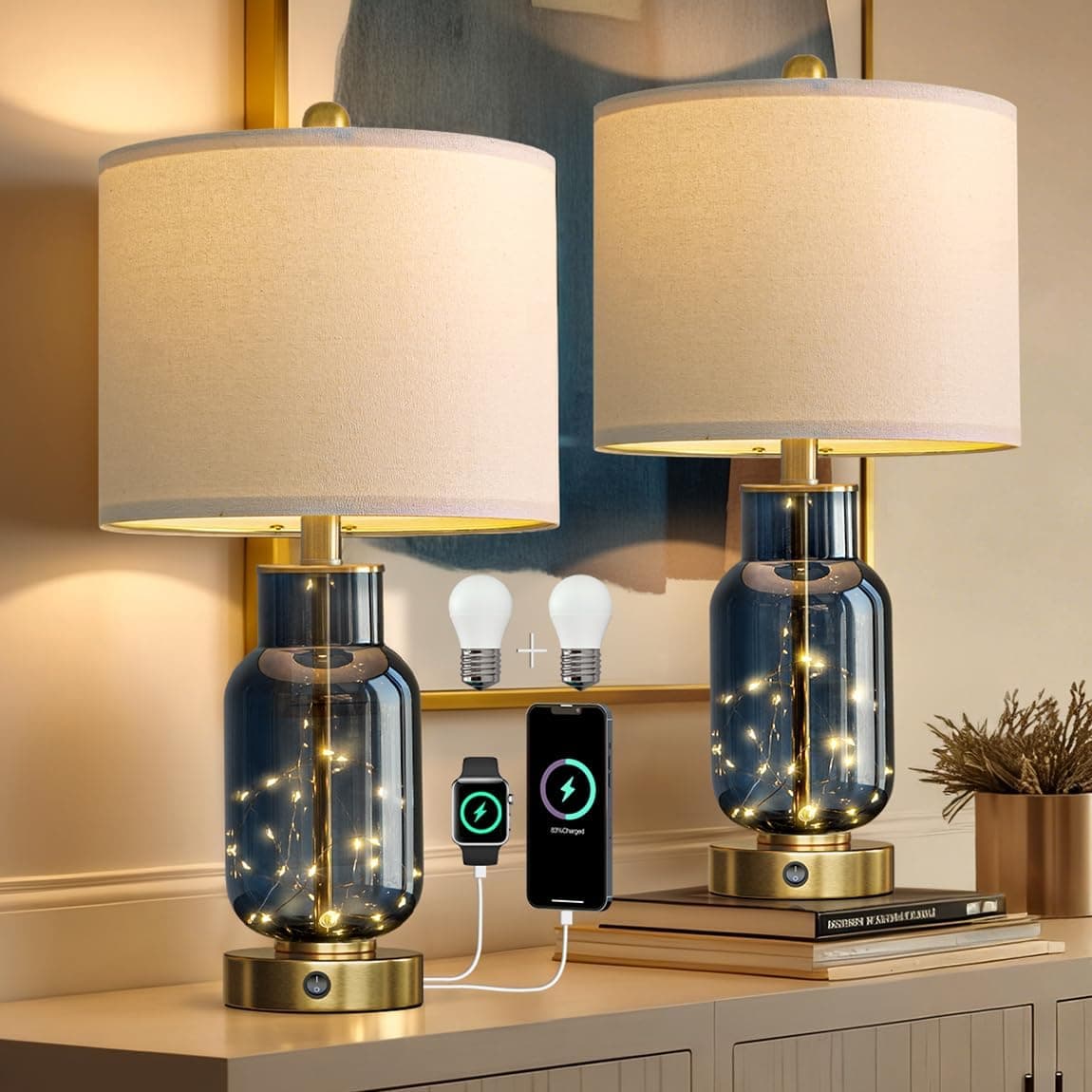 Oneach 22" Glass Table Lamps Set of 2 with LED Nightlight for Bedroom, Blue