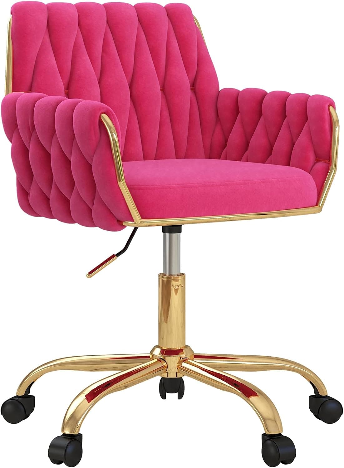Velvet Home Office Chair, Modern Height-Adjustable Vanity Chair with Golden Base and Hand-Woven Backrest for Bedroom/Stu