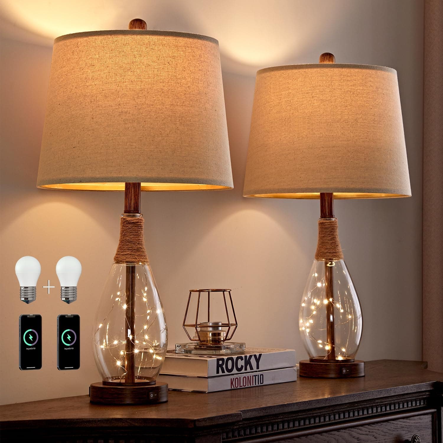 OYEARS 2 in 1 Bedside Table Lamps Set of 2, Farmhouse Glass Lamp, Wood-Like