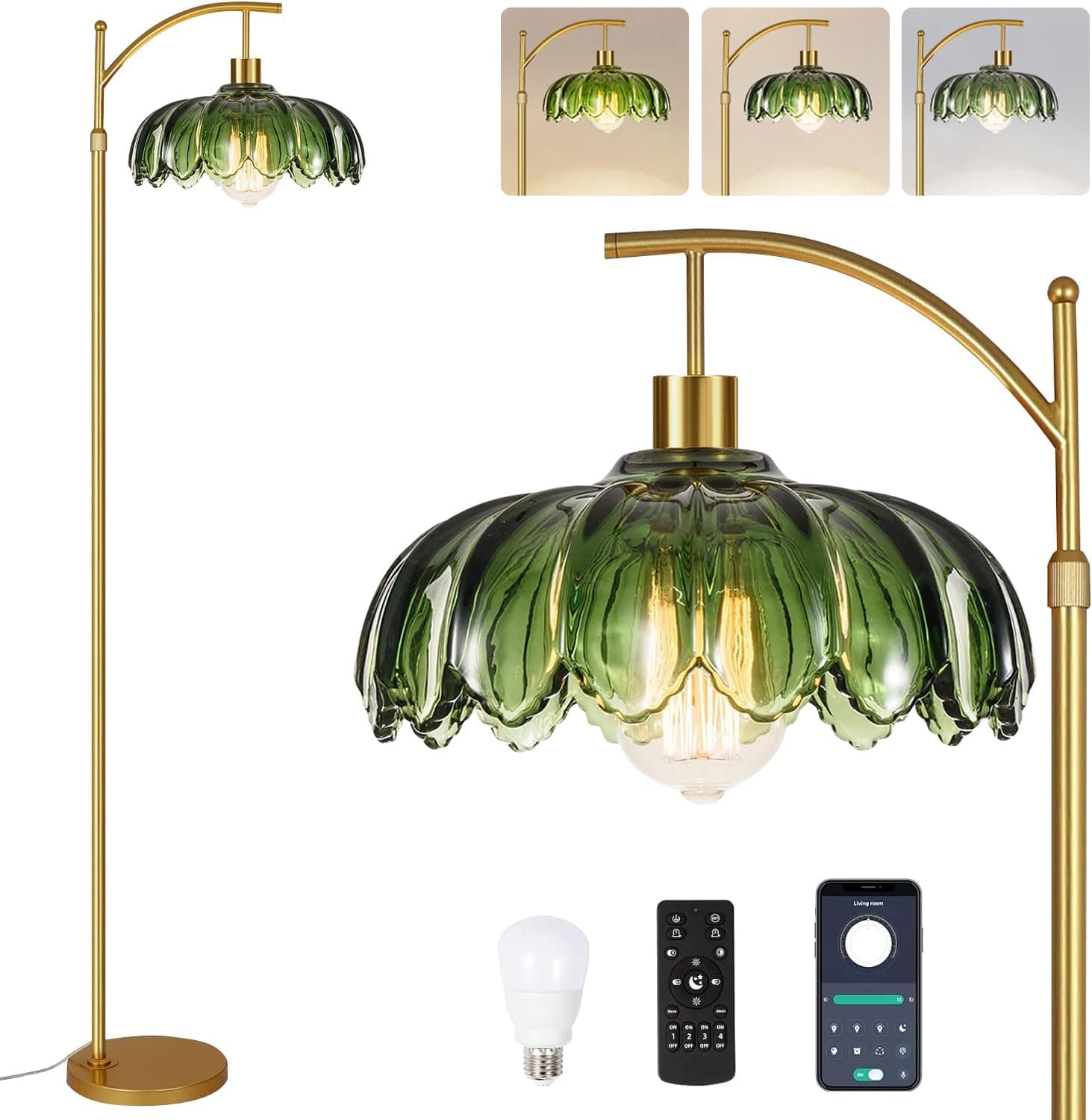QIYIZM Glass Floor Lamp for Living Room,Bedroom,Gold Dimmable Standing Lamp with Remote,Mid Century Modern Brass Tall La