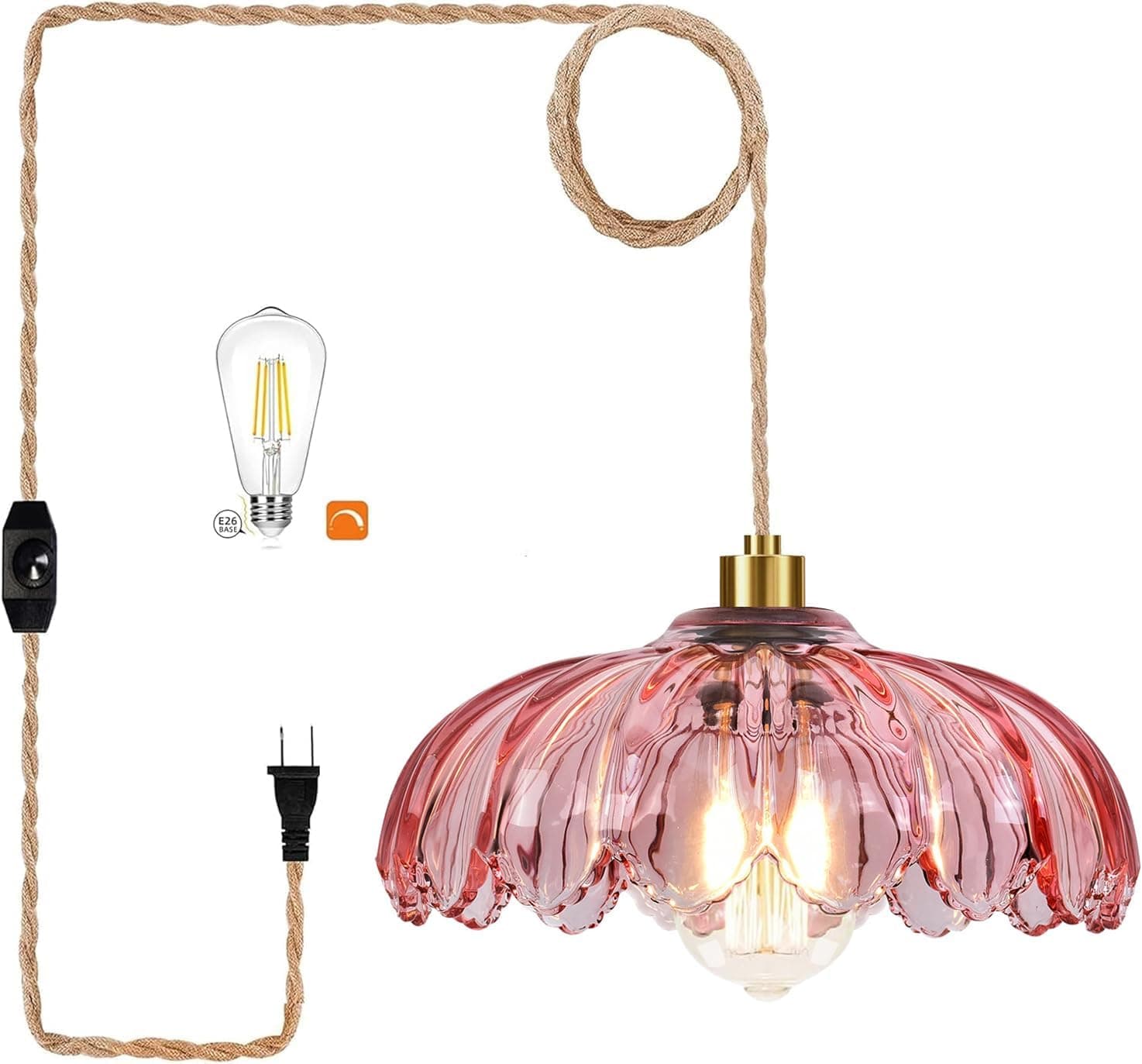 QIYIZM Pink Plug in Pendant Light Hanging Lights with Plug in Cord Boho Hanging Lamp Glass Gold Mid Century Modern Vinta