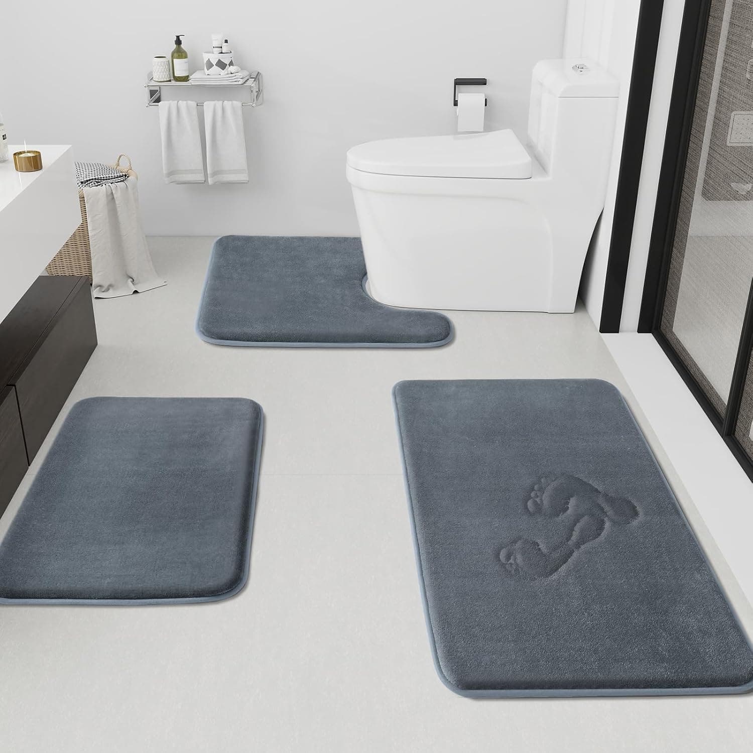 HUXMEYSON Bathroom Rugs Sets 3 Piece, Non-Slip & Quick Dry Bath Mat Set, Ultra Soft Velvet Bath Rugs for Bathroom, Toile