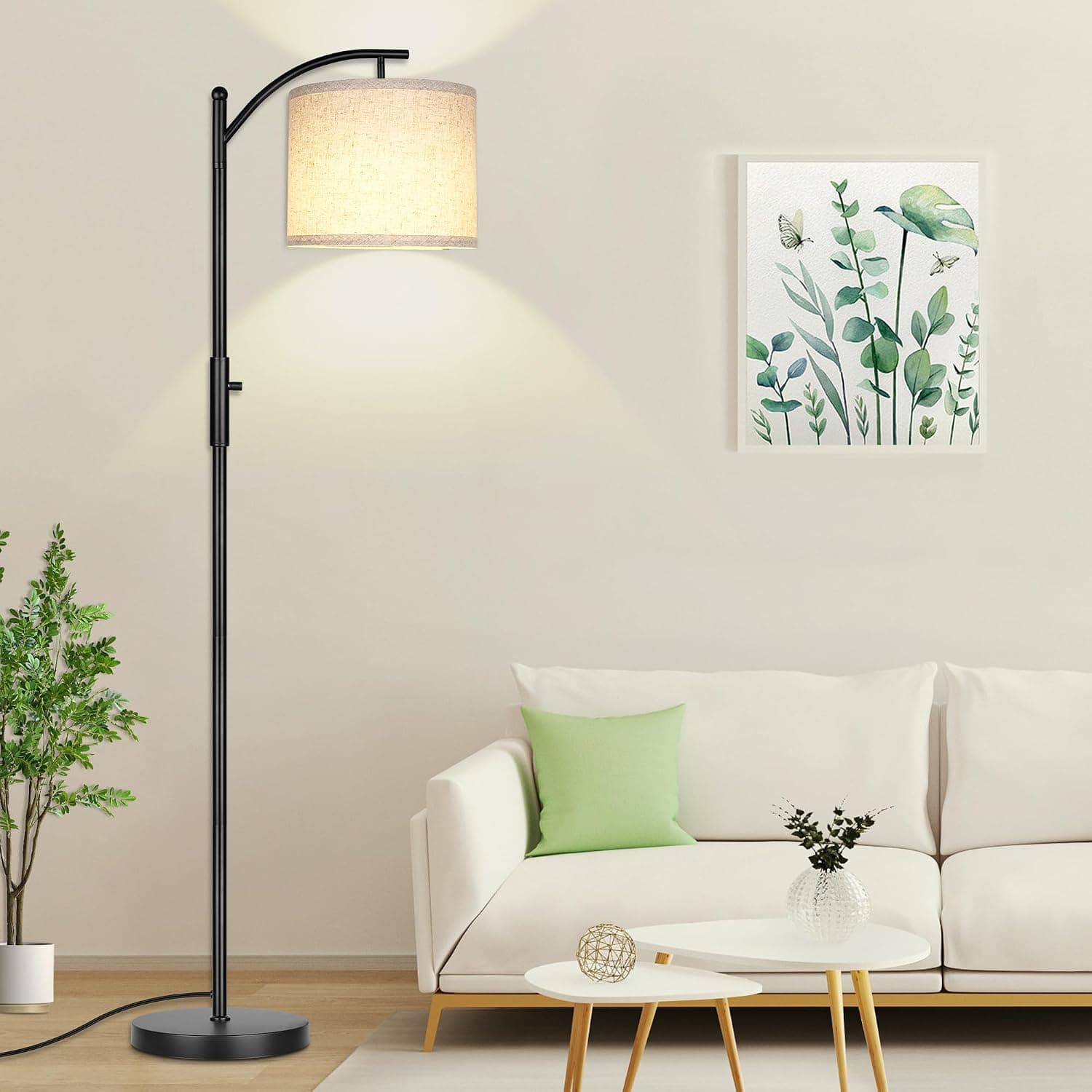 ROTTOGOON Dimmable Floor Lamp, Arc Floor Lamps for Living Room, Stepless Dimming Modern Standing Lamp with Linen Shade,