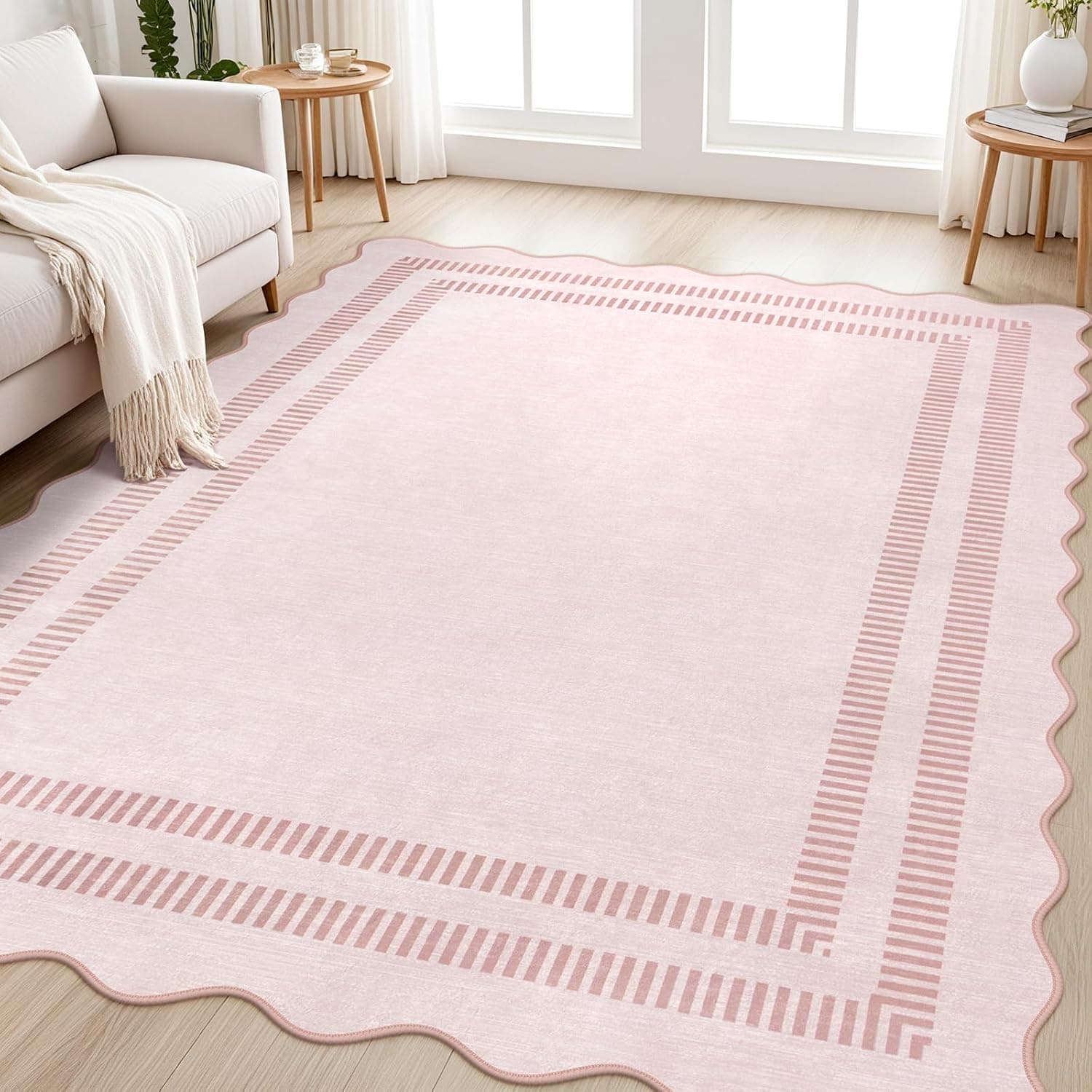 Pink Rugs for Bedroom Girls, 5x7 Washable Non Slip Area Rugs for Living Room, Soft Vintage Ultra-Thin Scalloped Carpet f