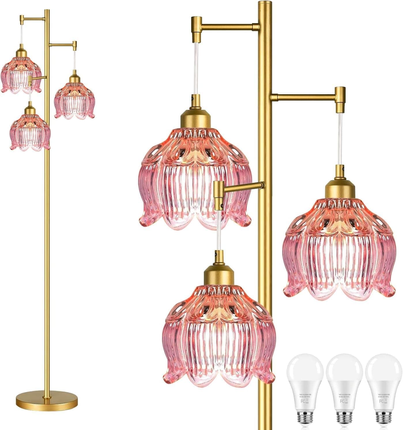 ILLMTW Glass Floor Lamp for Living Room,Bedroom,Gold Flower Mid Century Modern Standing Lamp Brass Tree 3 Light Tall Flo