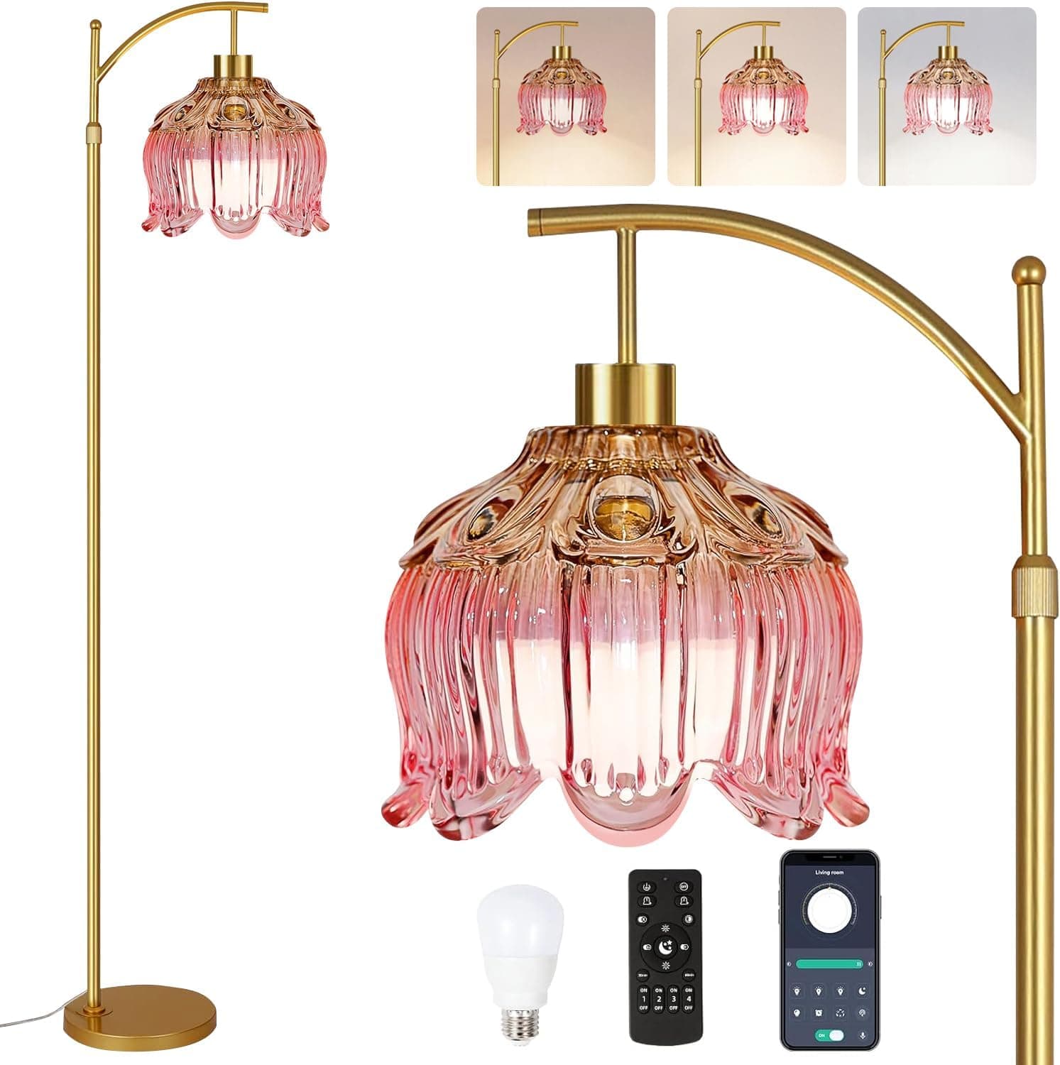 ILLMTW Pink Floor Lamp for Living Room,Bedroom,Glass Mid Century Modern Standing Lamp with Remote,Dimmable Gold Brass Ta