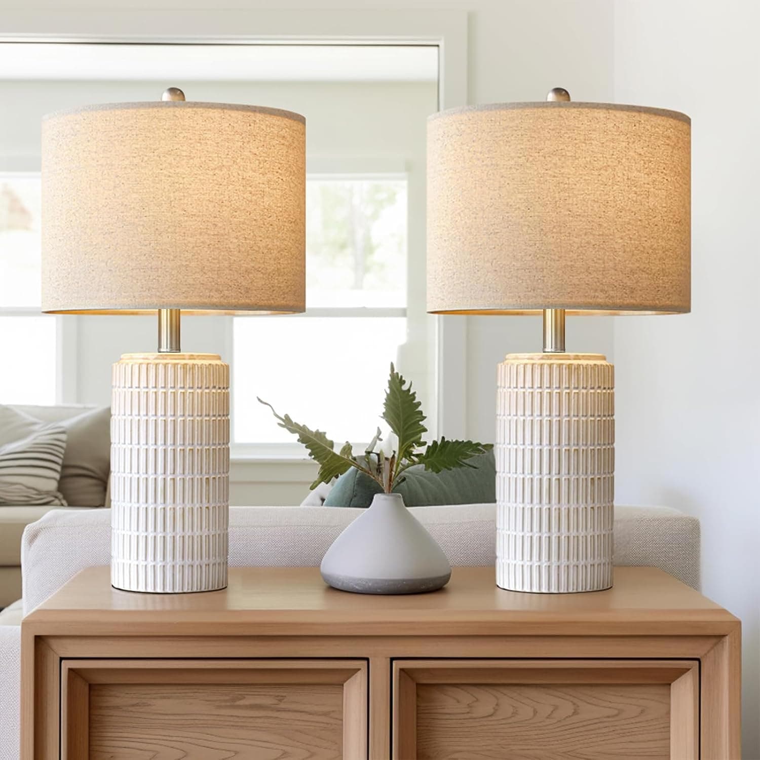 PoKat 23" Modern Ceramic Table Lamp Set of 2 for Living Room Bedroom, White