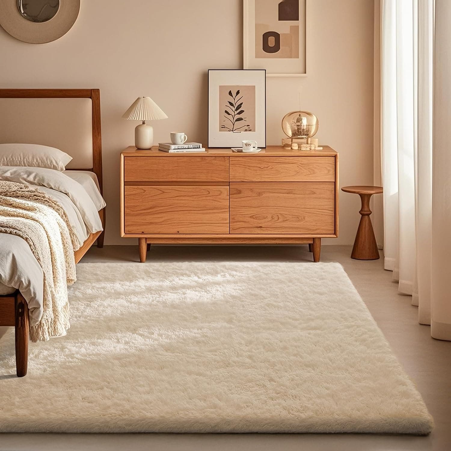 Ophanie Area Rugs for Bedroom, Christmas Upgrade Non-Slip Ivory Fluffy Soft Shag Living Room Carpet, Indoor Floor 4x6 Fu