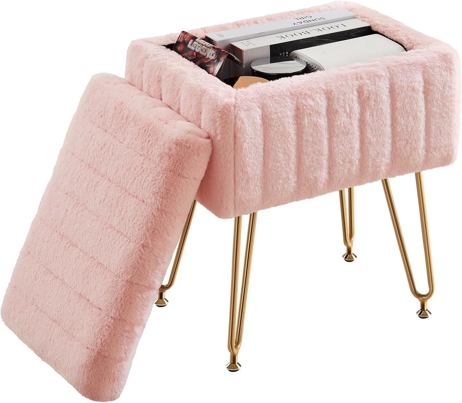 DUMOS Vanity Stool Chair, Ottoman with Storage, Makeup Cute Soft Small Footstool, Modern Style Faux Fur Seat with 4 Meta