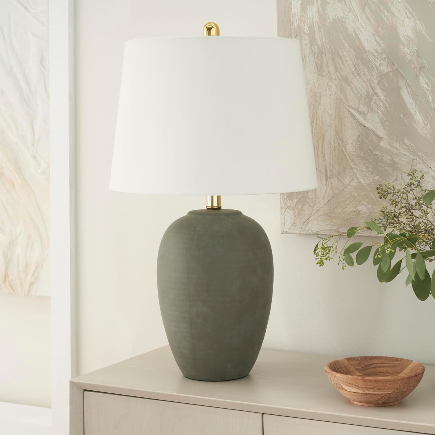 Nourison Home 23" Olive Green Ceramic Pot Table Lamp for Bedroom, Living Room, Dining Office, with White Tapered Drum Sh
