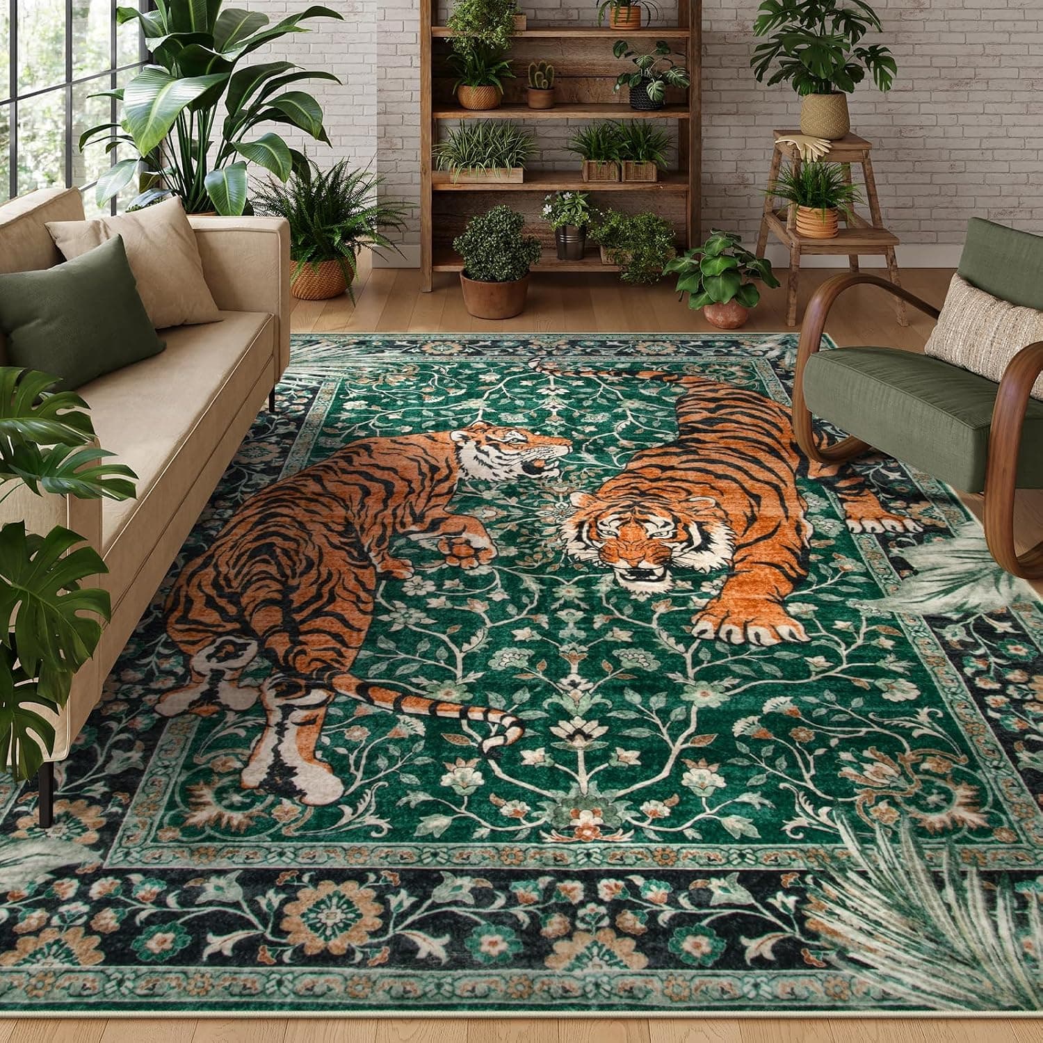 Moynesa Tiger Washable Rugs, 8x10 Area Rugs for Living Room, Soft Large Vintage 8x10 Bedroom Green Rug, Botanical Non Sl