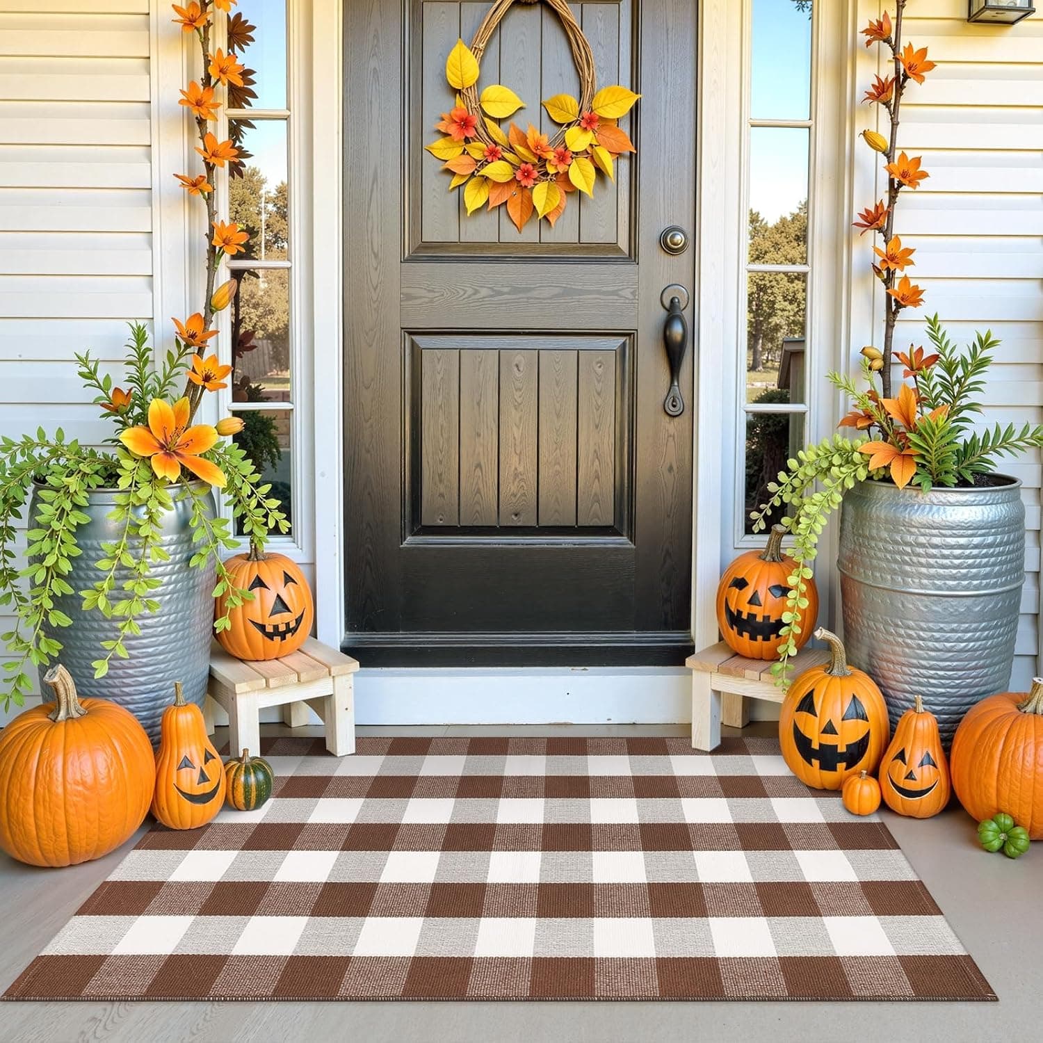 Collive 3x5 Buffalo Plaid Checkered Outdoor Rug, Fall Autumn Decor Door Mat, Coffee and White Washable Front Doormat Out