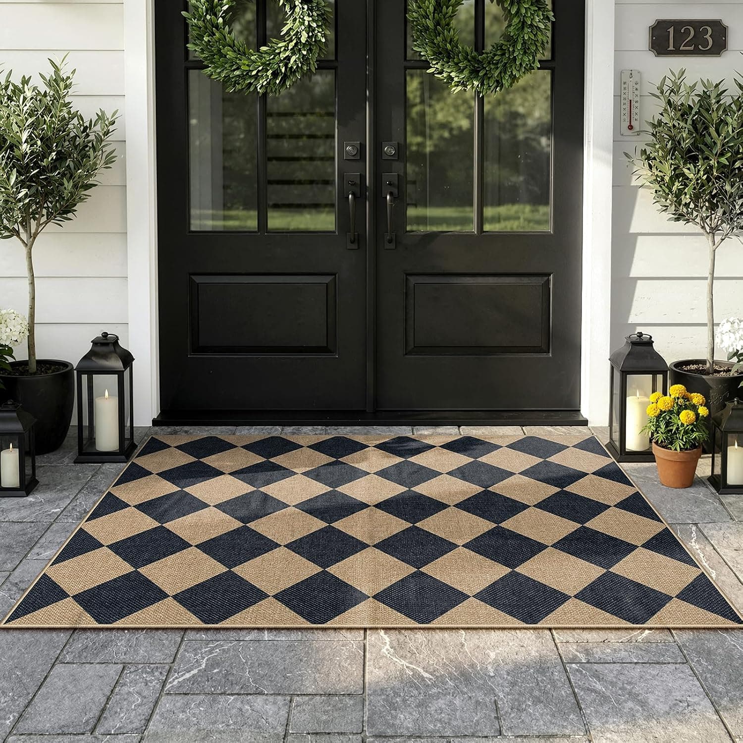 Lahome Checkered Easy Jute 3x5 Entryway Front Porch Rug, Black Diamond Indoor Outdoor Patio Layering Rug, Washable Farmh