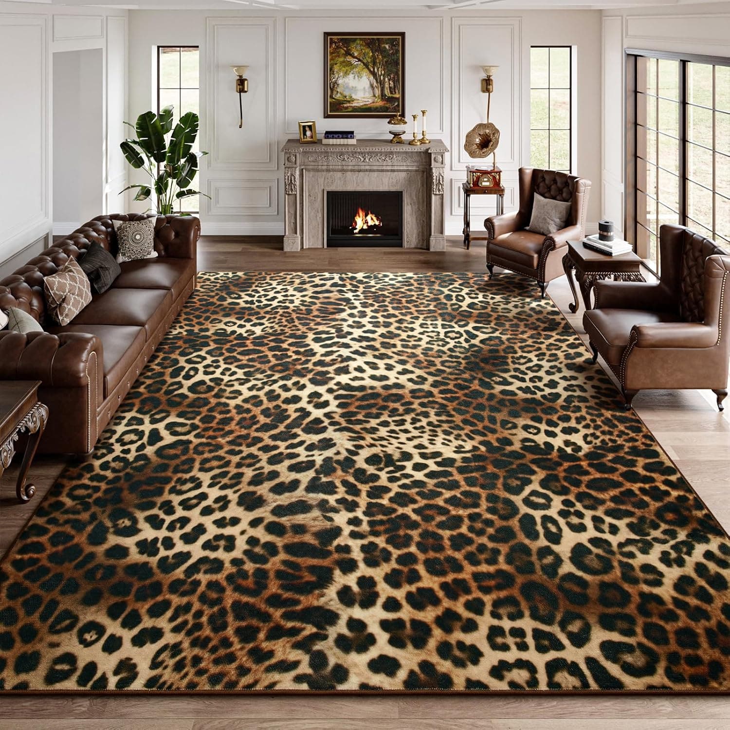 DweIke Leopard Rugs for Living Room, 5x7 Cheetah Print Rug for Bedroom Decor, Washable Non-Slip Stain Resistant Faux Ani