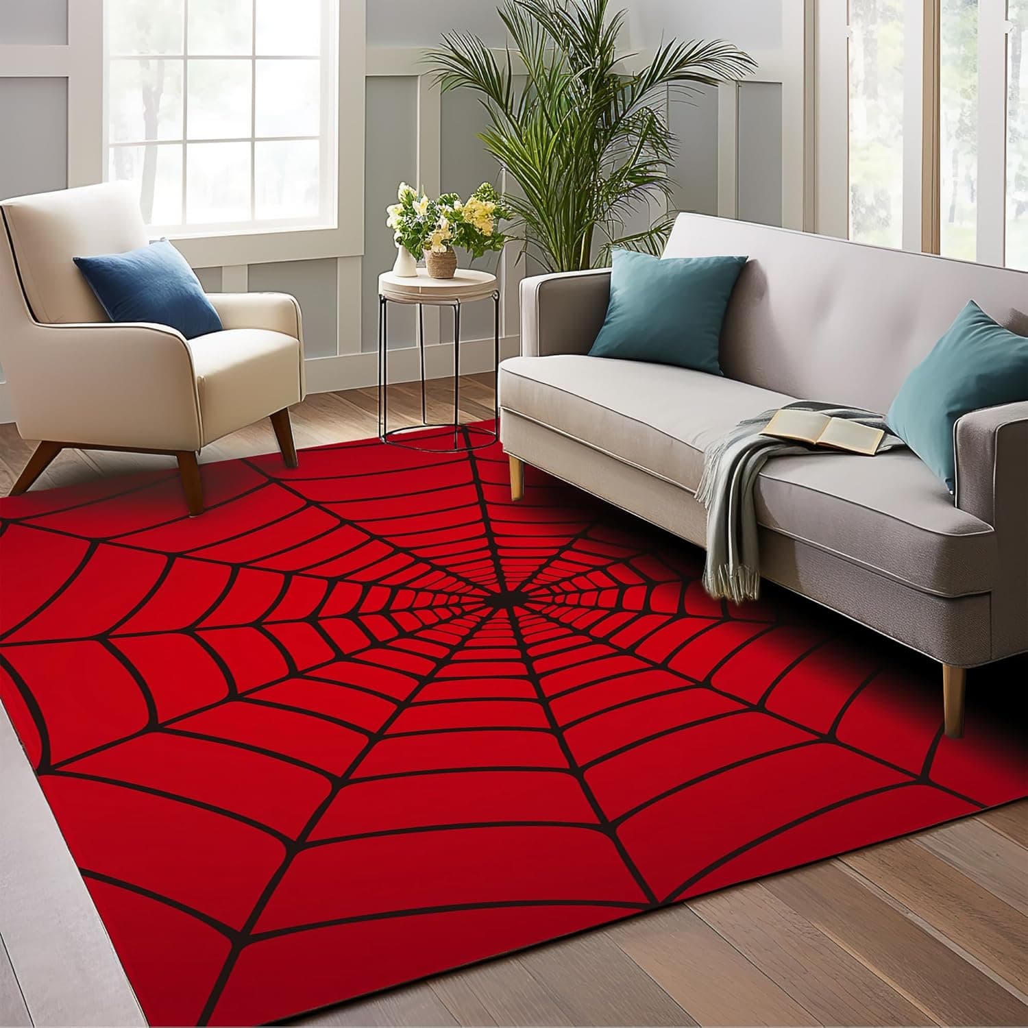 Red Spider Web Area Rug, 5x7 Indoor Area Rugs Washable Rugs for Living Room Carpet, Farmhouse Non Slip Carpet for for Be