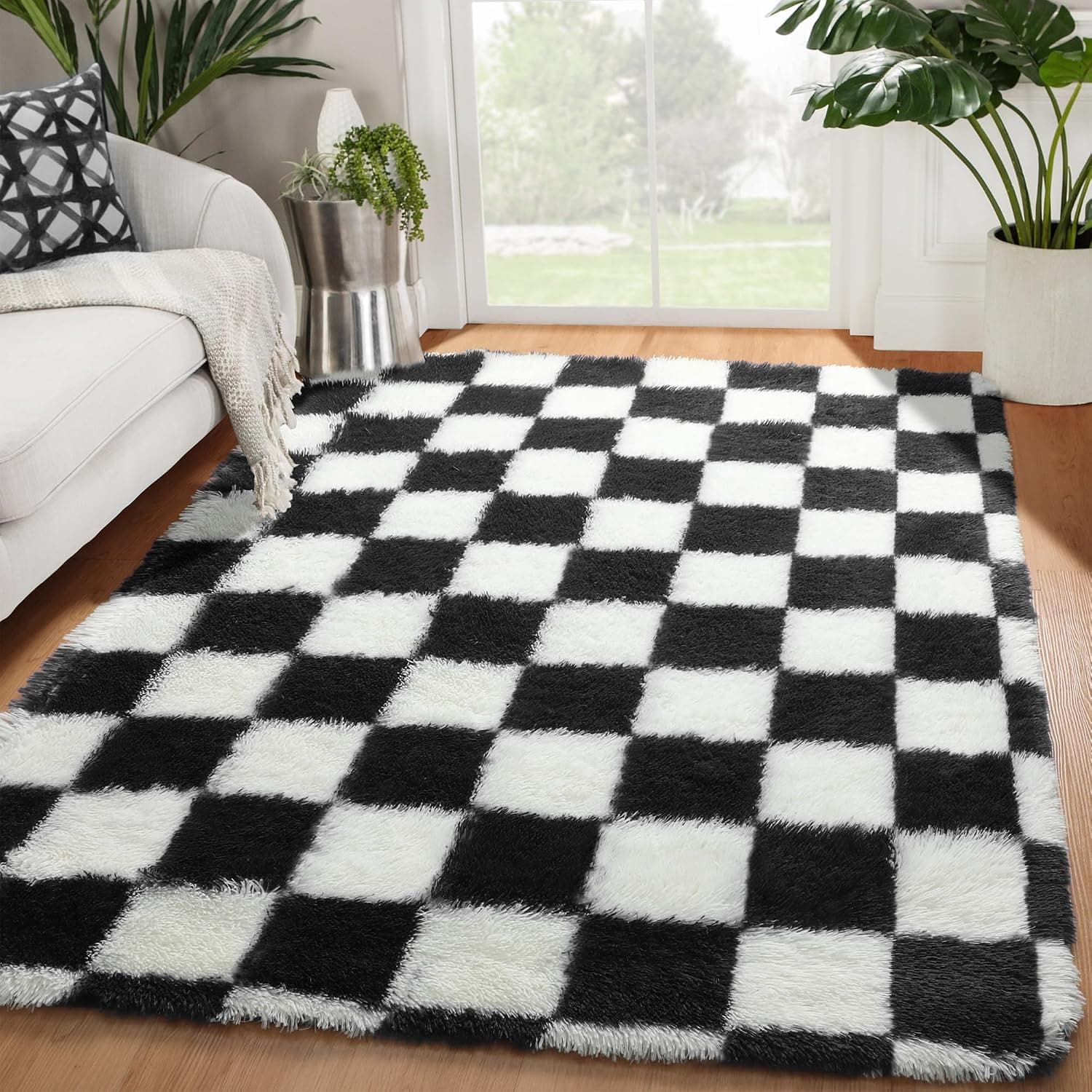 KICMOR Area Rugs for Bedroom Living Room, 4x6 Black and White Fluffy Soft Checkered Rug Fuzzy Shag Shaggy Carpet, Indoor