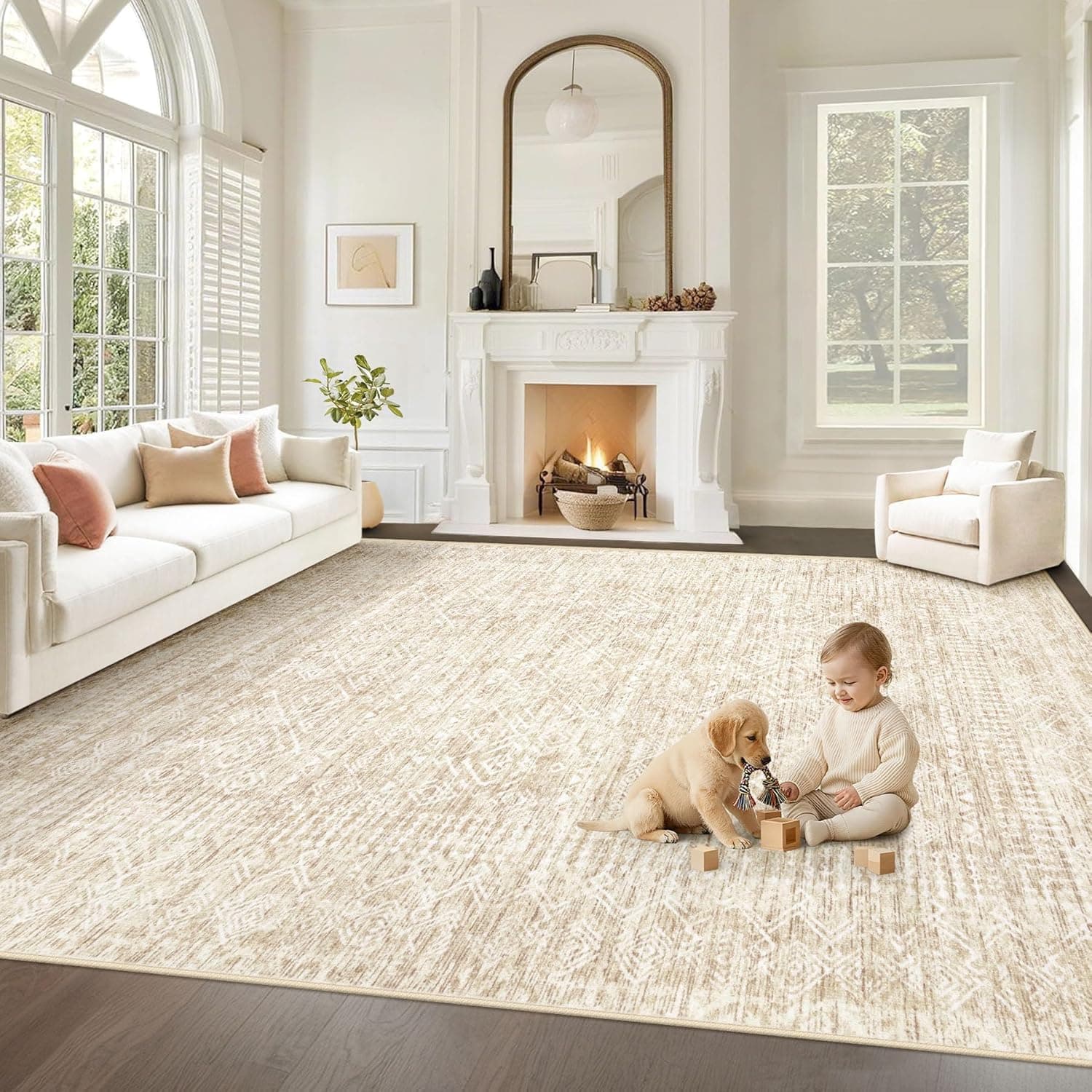Living Room Rugs 8x10: Washable Moroccan Geometric Boho Rug Farmhouse Non Slip Stain Resistant Large Rug Low Pile Soft C