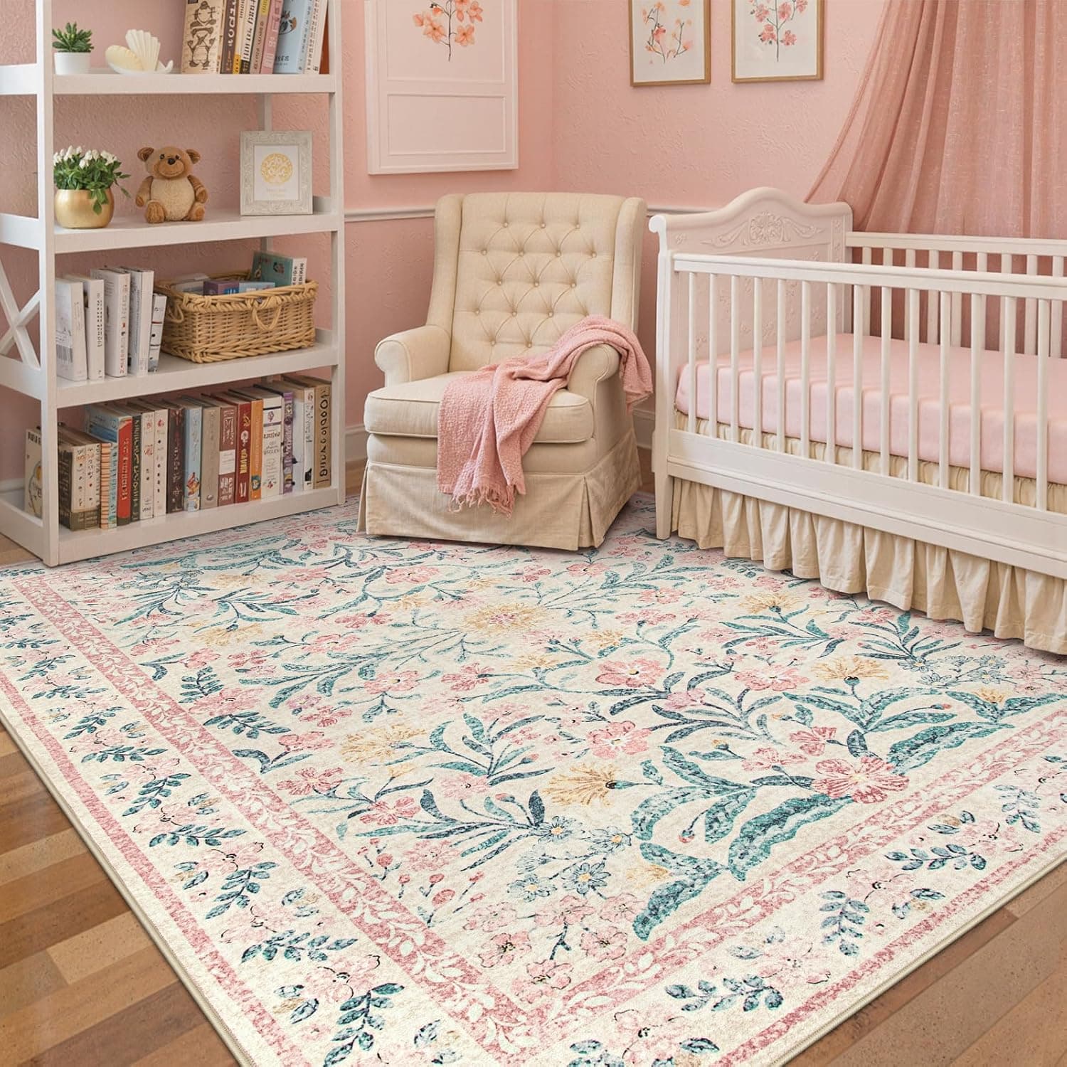 Wonnitar Pink Rugs for Nursery, 5x7 Washable Rug for Bedroom Girls, Boho Soft Floral Carpet Non Slip, Indoor Ultra-Thin