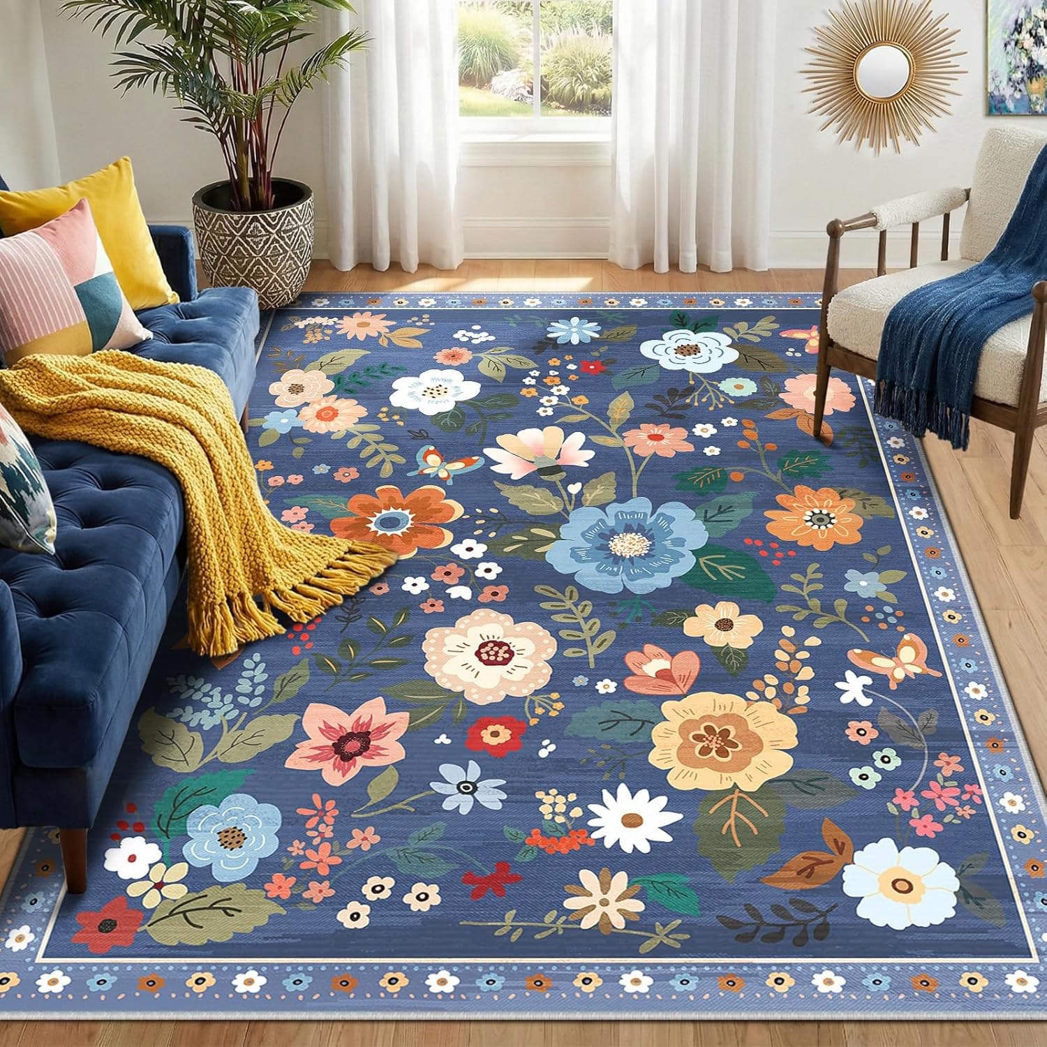 RELEANY Floral 5x7 Area Rug Machine Washable Soft Print Boho Carpet Non Slip Doormat Low Pile Flower Area Rugs for Livin