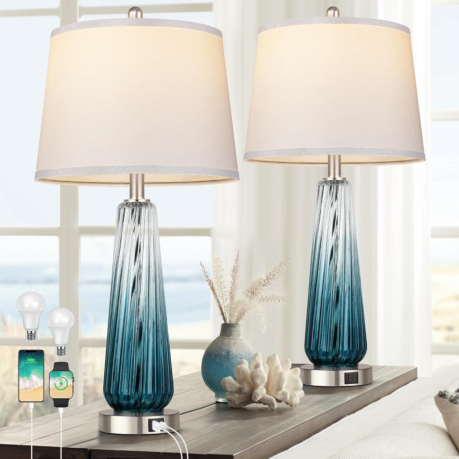 Table Lamps Set of 2 with Touch Control, Modern Glass Bedside Lamps with USB A+C Ports, 3-Way Dimmable Nightstand Lamp w