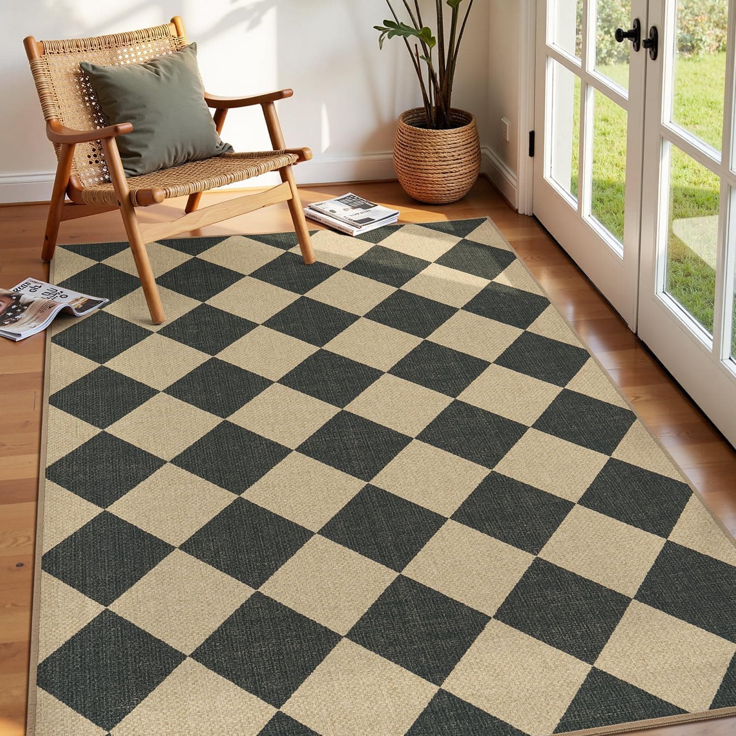 Lessymo Checkered 3x5 Outdoor Patio Rug, Washable Easy Jute for Entryway