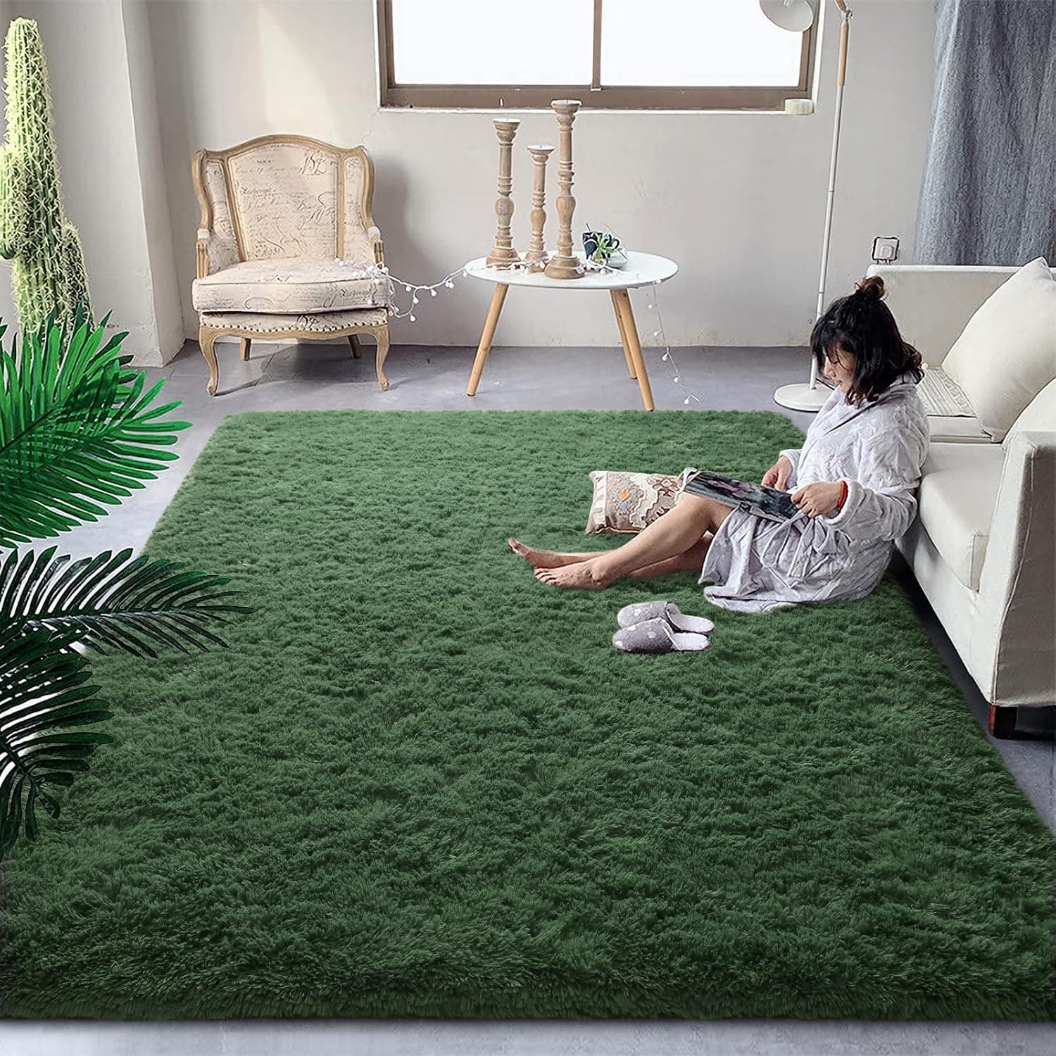DweIke Fluffy Dark Green Rugs for Bedroom Living Room, 4x6 Feet Soft Plush Shaggy Forest Hunter Green Girls Boys Kids Ru