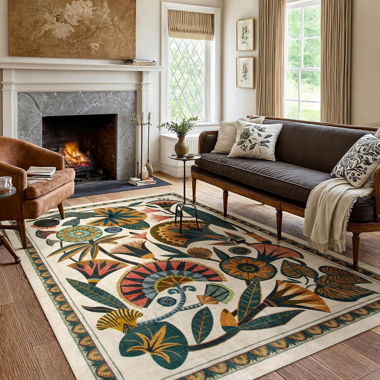 Zealude Egypt Floral Washable Area Rugs for Living Room 5x7 Boho Large Vintage Beige Bedroom Dining Room Rug,Non Slip So