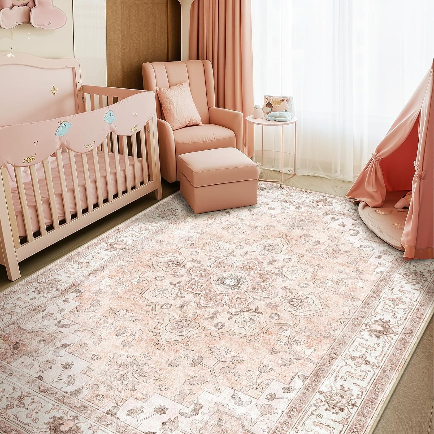 CAPALOCA 5x7 Washable Nursery Girls Low Pile Area Rug Pink