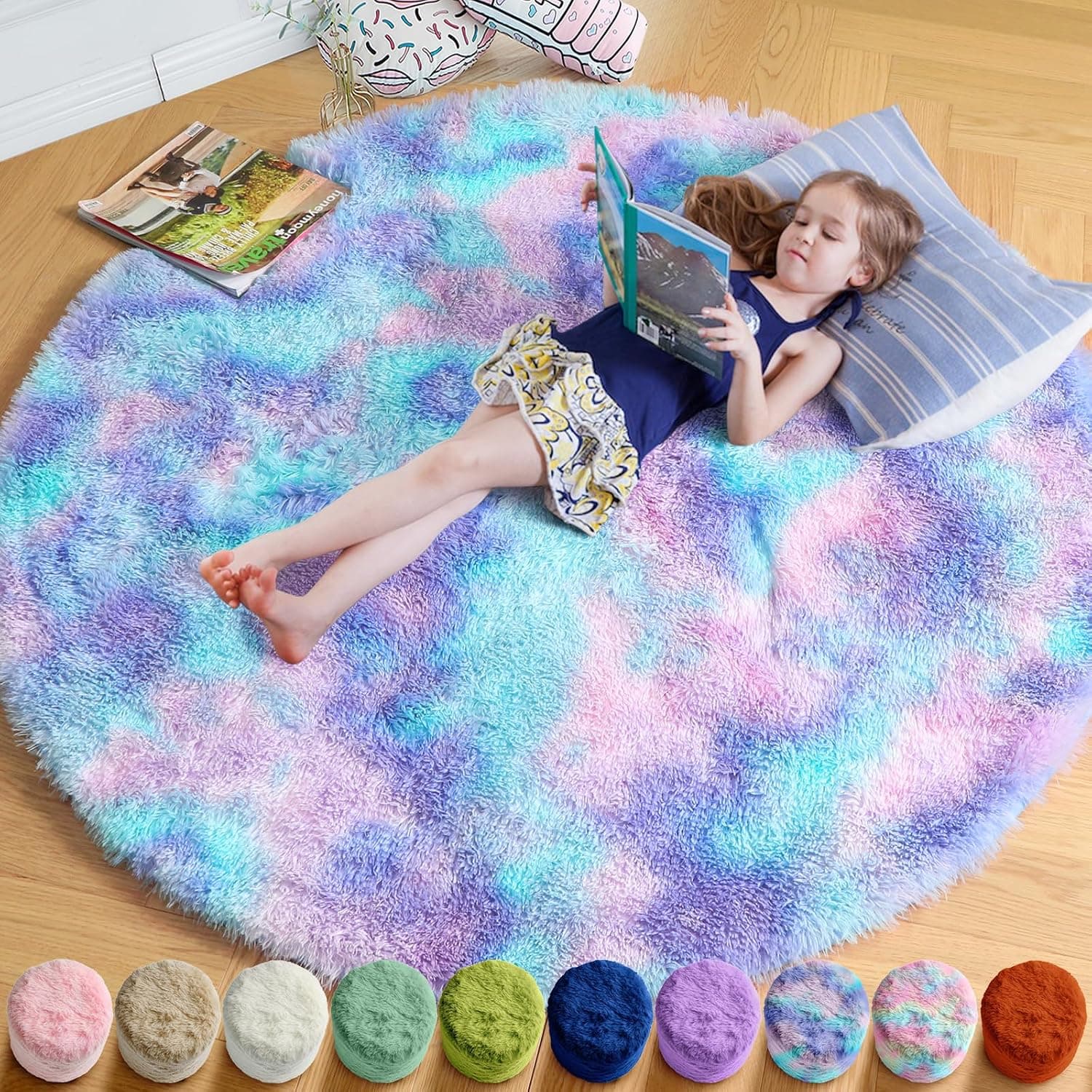 Amdrebio Purple Rainbow Mermaid Shag Round Rug 4Ft for Girls Kids Bedroom
