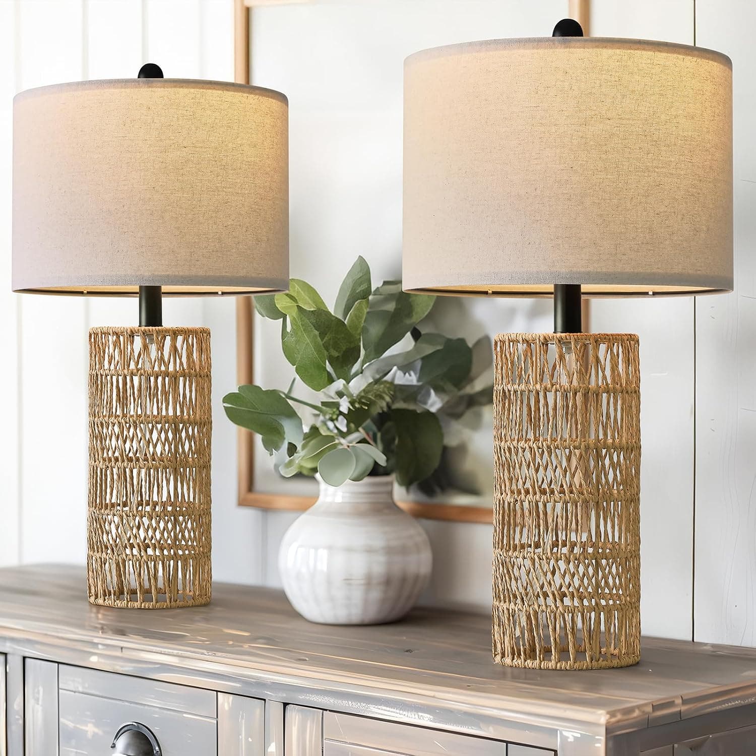 OYEARS 22.5" Boho Table Lamps Set of 2 for Living Room, Bedside Lamp for Nightstands, Rattan Lamp for Bedroom, Farmhouse