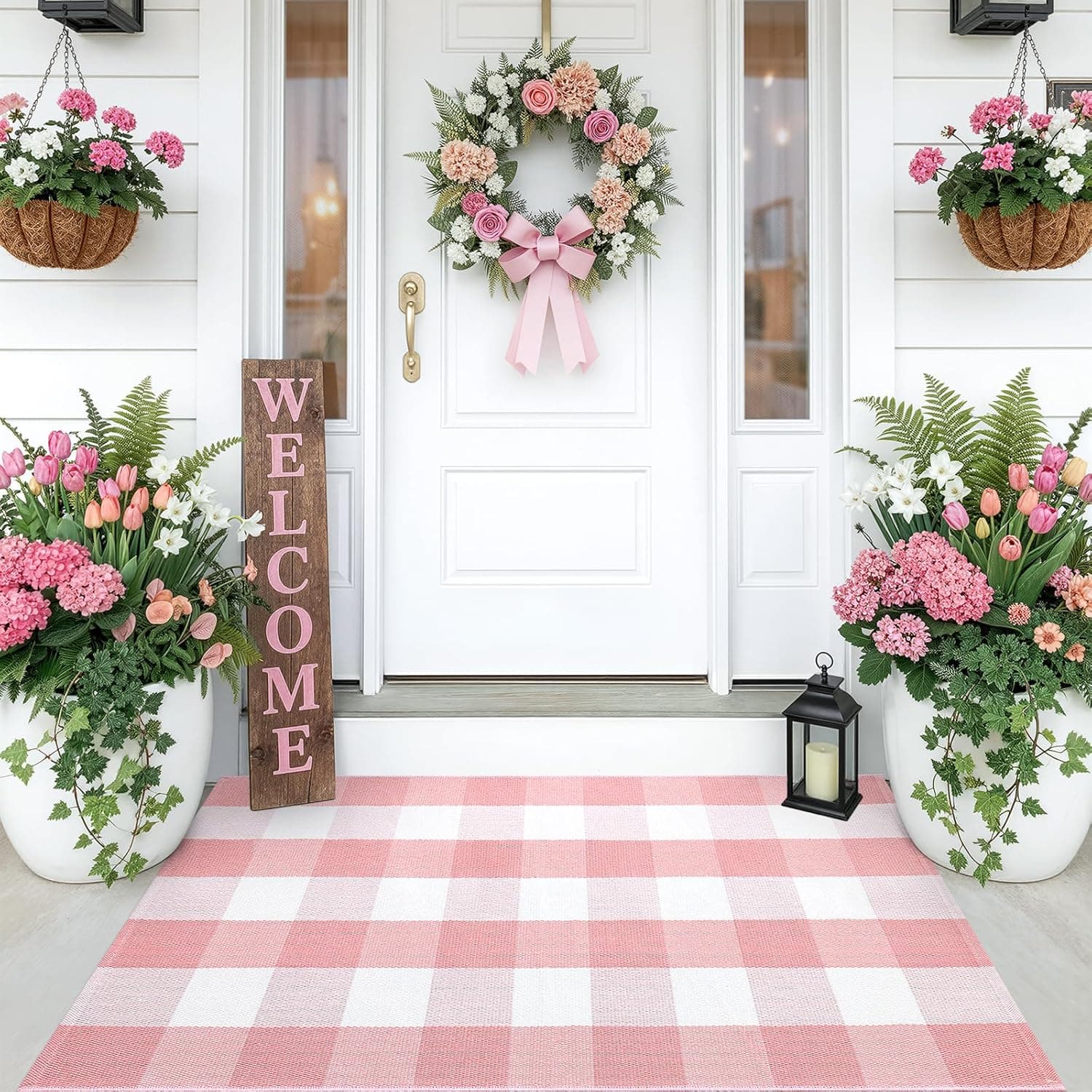 OLANLY Buffalo Plaid Rug 2'4" x 3'7" (27.5" x 43") – Pink and White Cotton Checkered Doormat, Washable Indoor Outdoor Ru