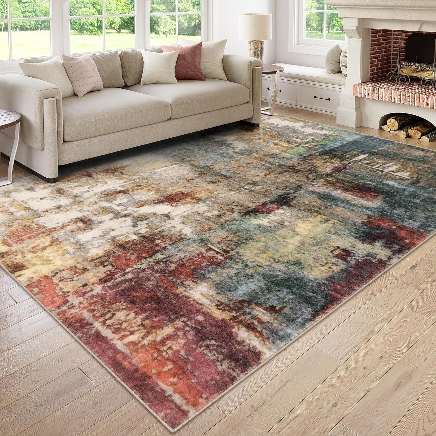 Lahome Modern Abstract Living Room Rug 8x10, Washable 8x10 Area Rugs for Bedroom Stain Resistant Non Slip, Large Red Sof