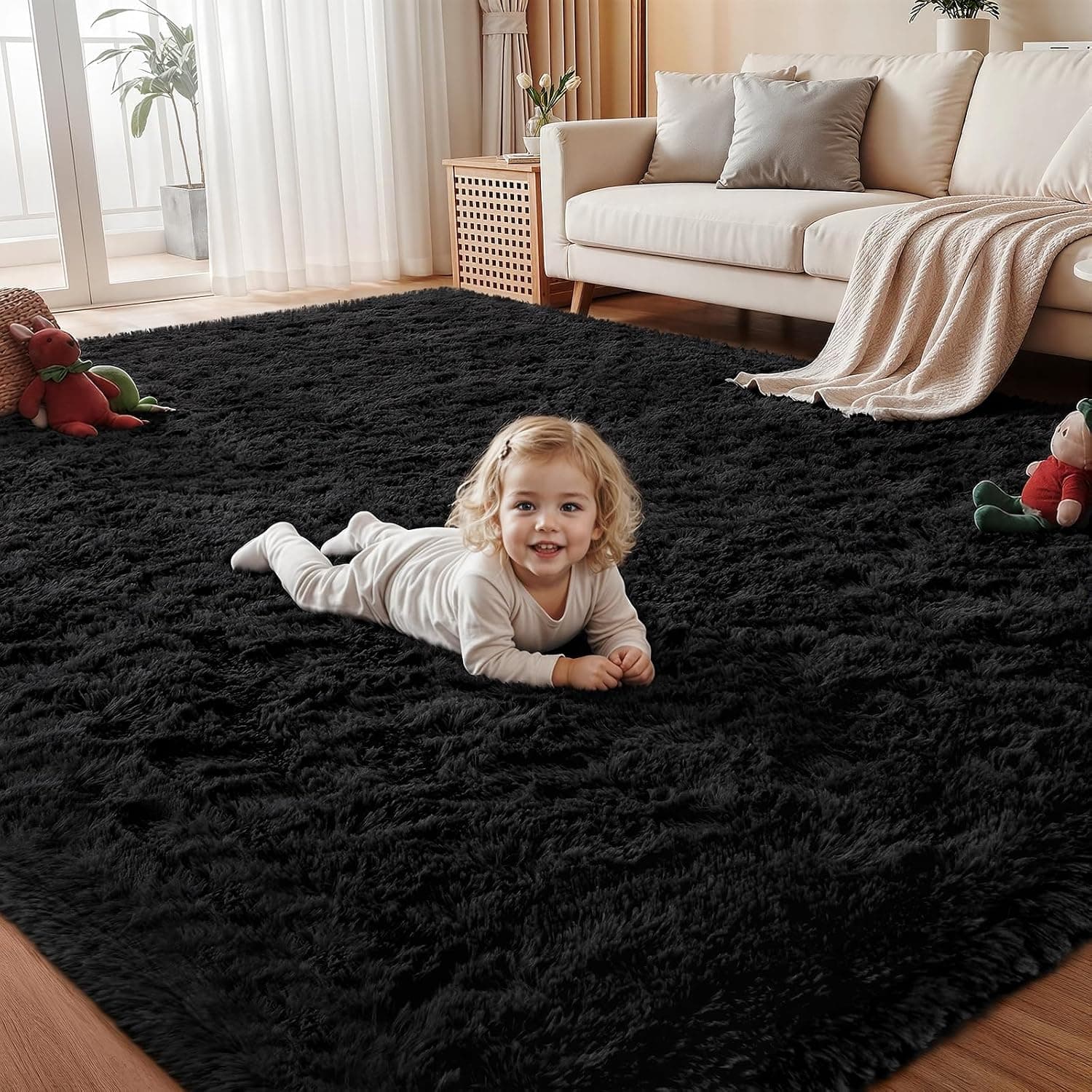 5x7 Area Rug Living Room: Bedroom Fluffy Shag Fuzzy Carpet Black