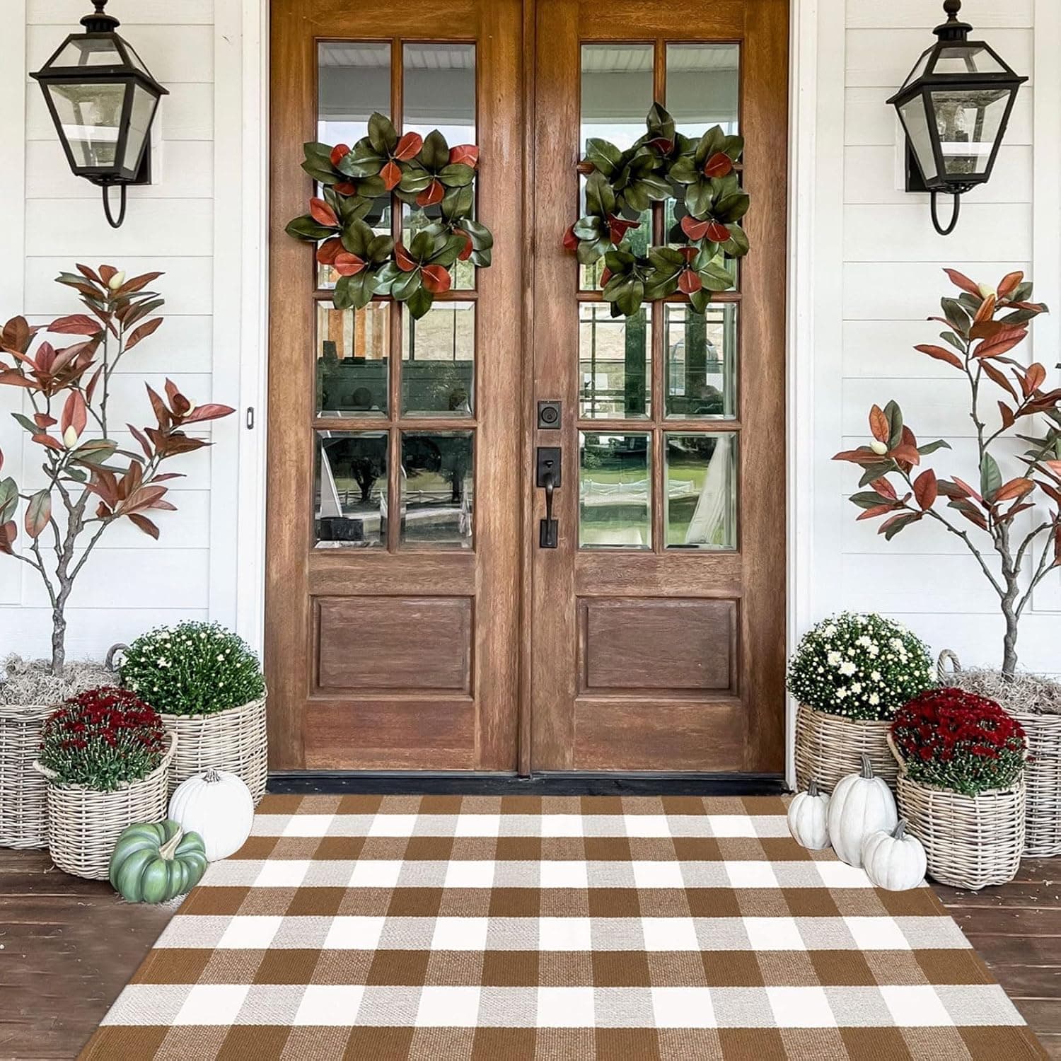 CAINANEL Fall Ourdoor Rug Farmhouse Brown and White Buffalo Check Rug Layered Welcome Door Mat for Front Porch Decor, Fr