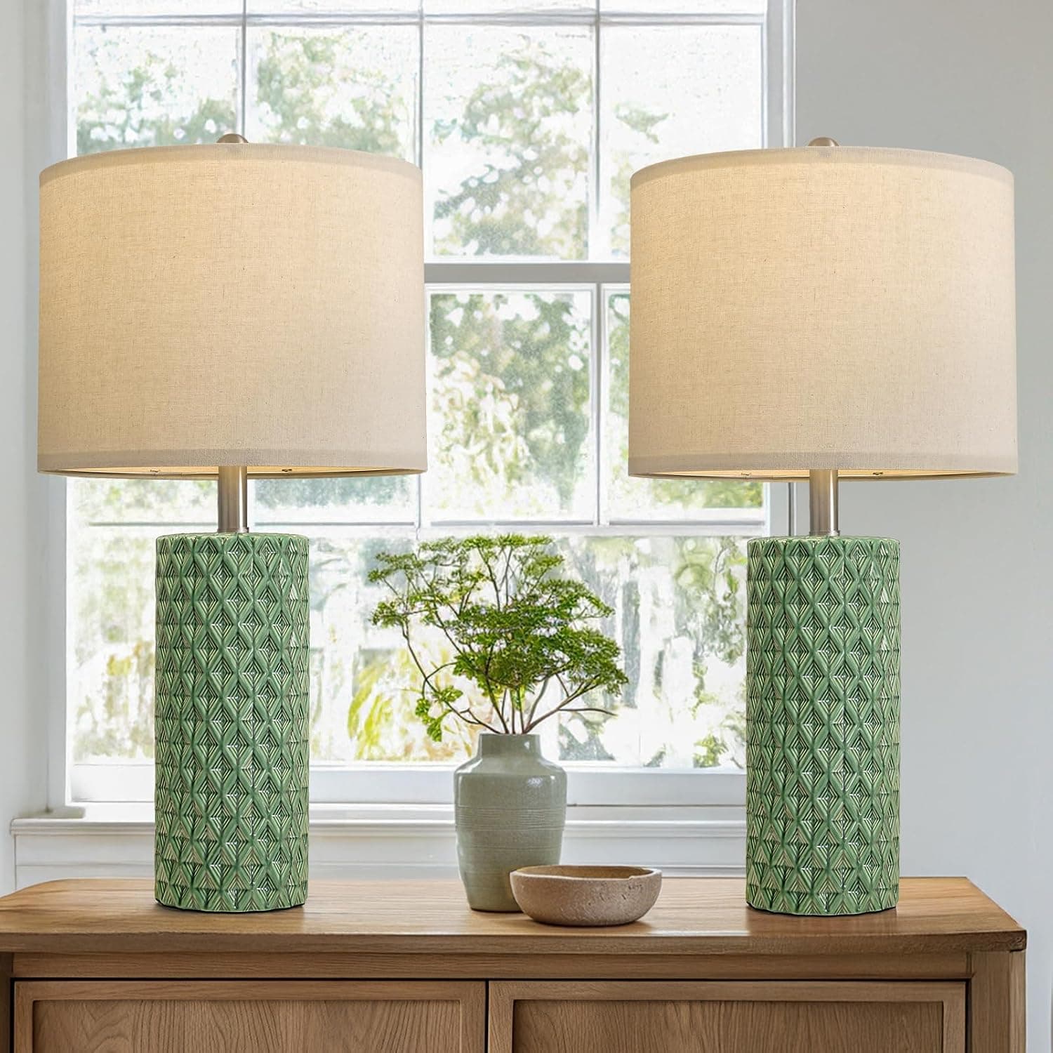 USumkky 26" Tall Table Lamp for Living Room -Green Lamps Set of 2 Modern Ceramic Lamps for Night Stands, Bedside Lamp fo