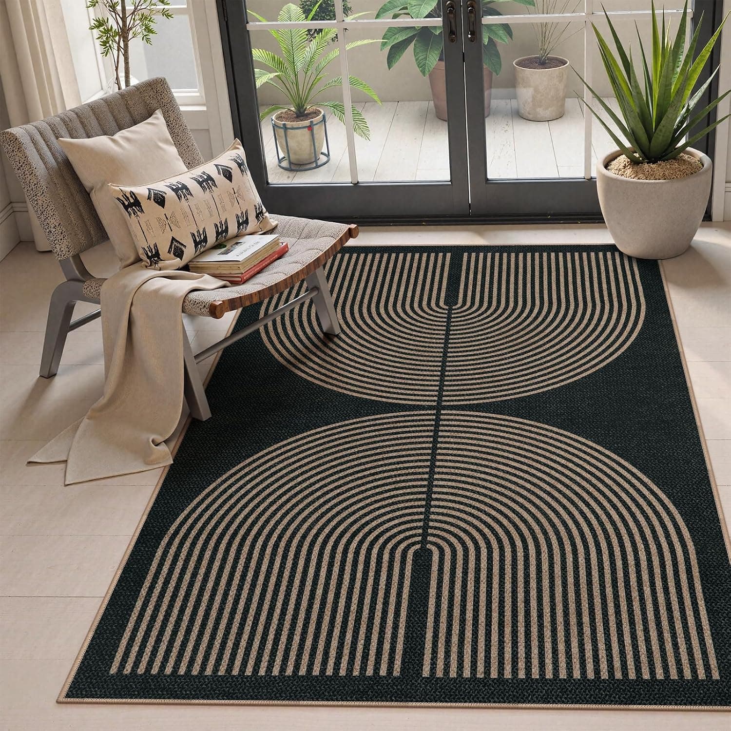 Lahome Modern Rainbow Easy Jute 4x6 Rug, Outdoor Patio Rug for Living Room Washable Black Carpet for Bedroom, Contempora