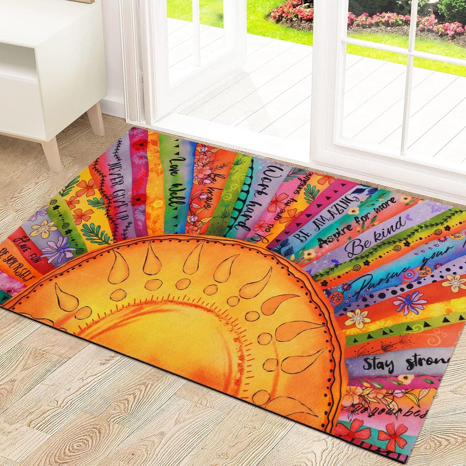Likiyol Boho Sun Door Mat Outdoor Indoor, Colorful Floral Welcome Doormat with Inspirational Quotes for Front Door, Entr