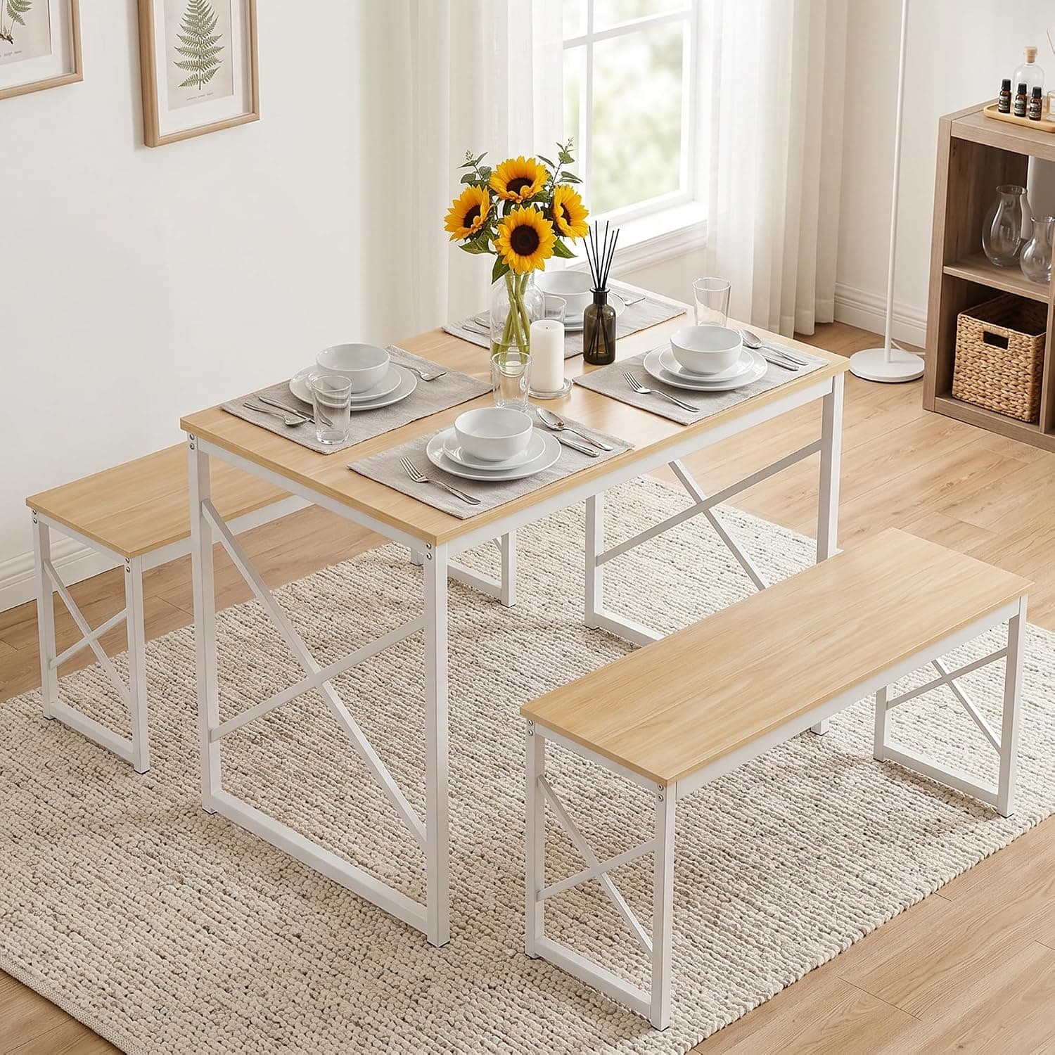 VECELO 43.3" Kitchen Dining Table Set for 4, Heavy-Duty Steel Frame & Wood-Grain Tabletop, Space-Saving Dinette Sets wit