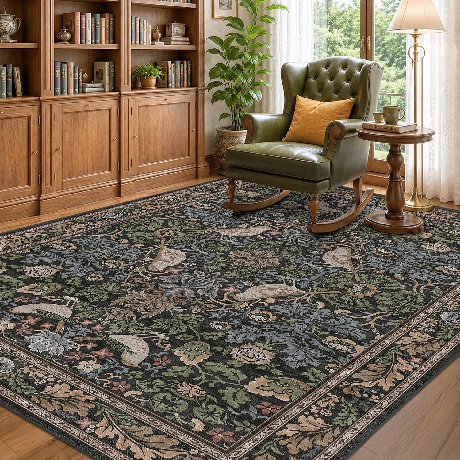 Hazo Haus Vintage Floral Area Rug 5x7 for Living Room - Dark Green Forest Bird Rugs for Bedroom, Dining Room, Office, No