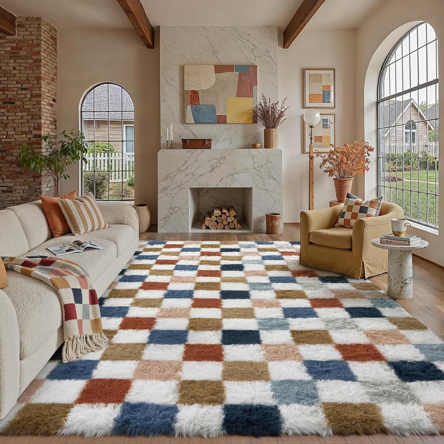 PureCozy Checkered Area Rug 8x10 for Living Room Soft Fluffy Shag Carpet