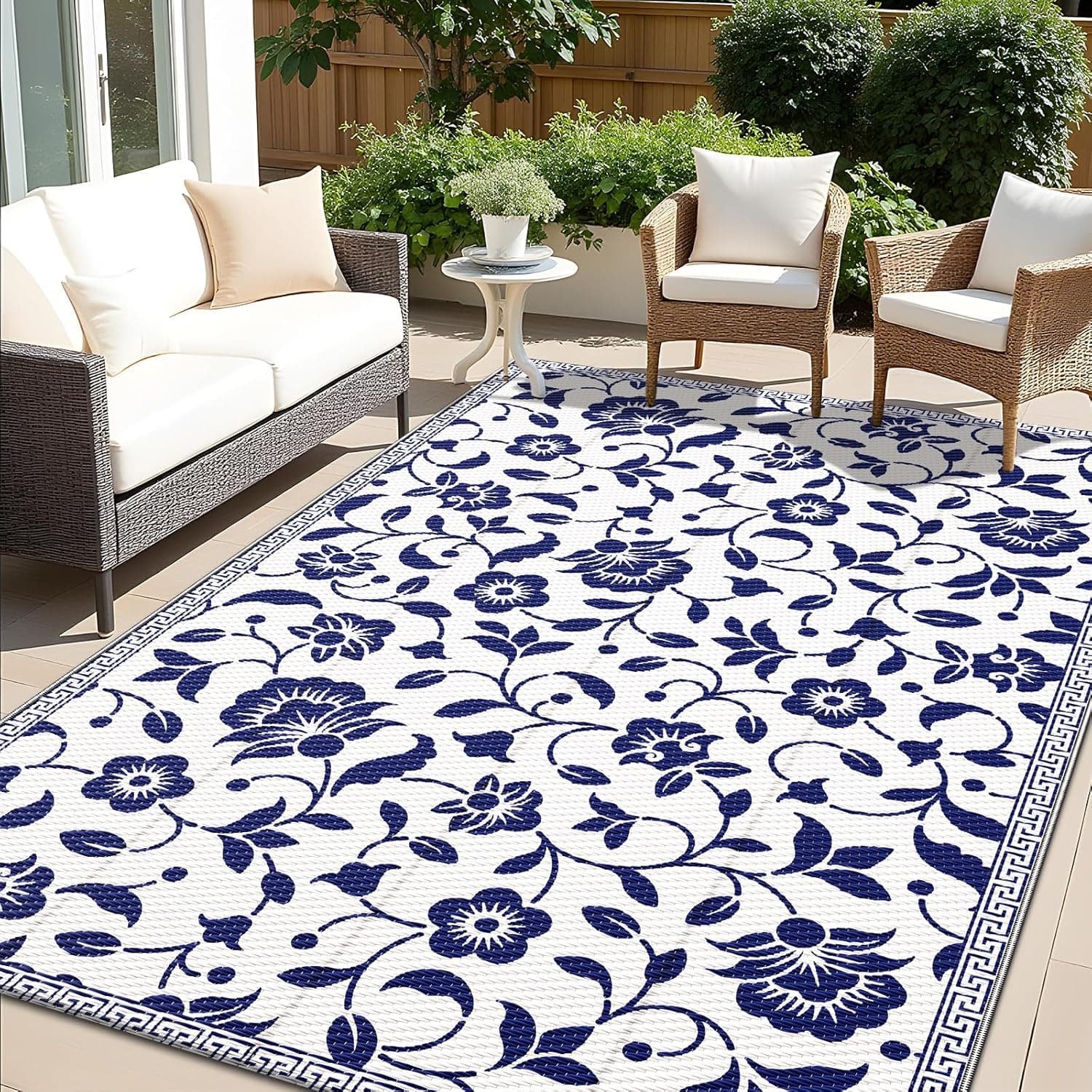 OLANLY Outdoor Rug 5x8 ft Waterproof Reversible Floral Mat, Navy & White