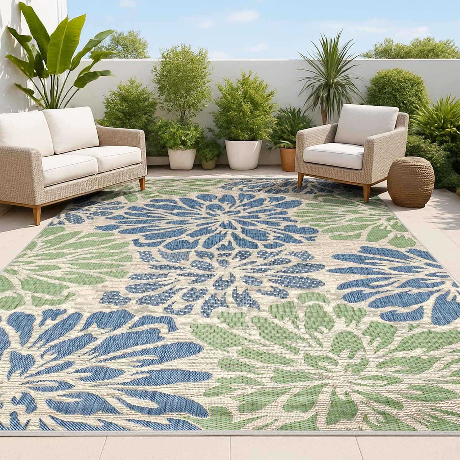 JONATHAN Y Floral Textured Weave Indoor Outdoor Area Rug 8X10 Navy/Green, Zinnia Modern for Backyard, Patio, Porch, Easy