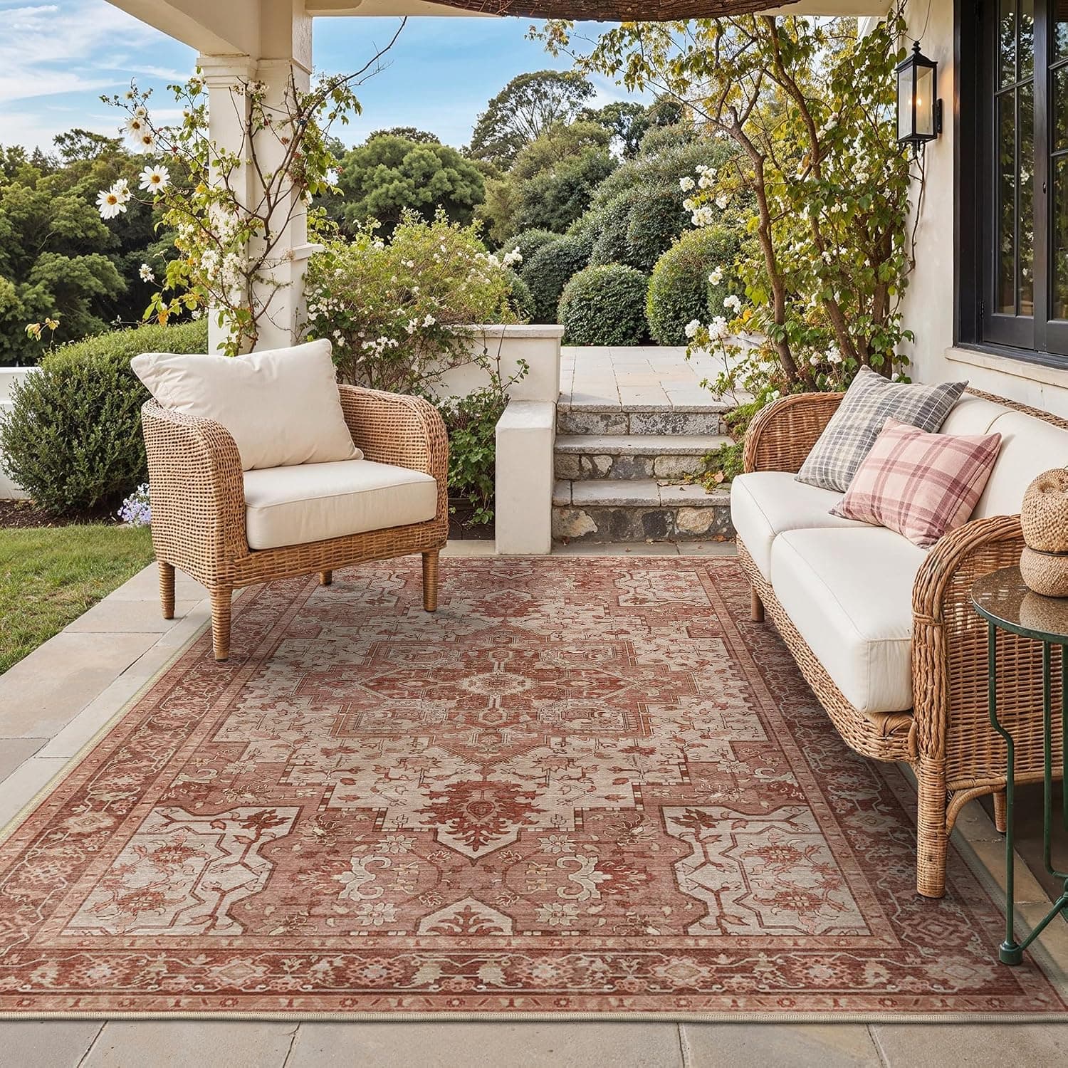 GENIMO 5x8 Outdoor Rug, Washable for Patio and Deck, Brown Red